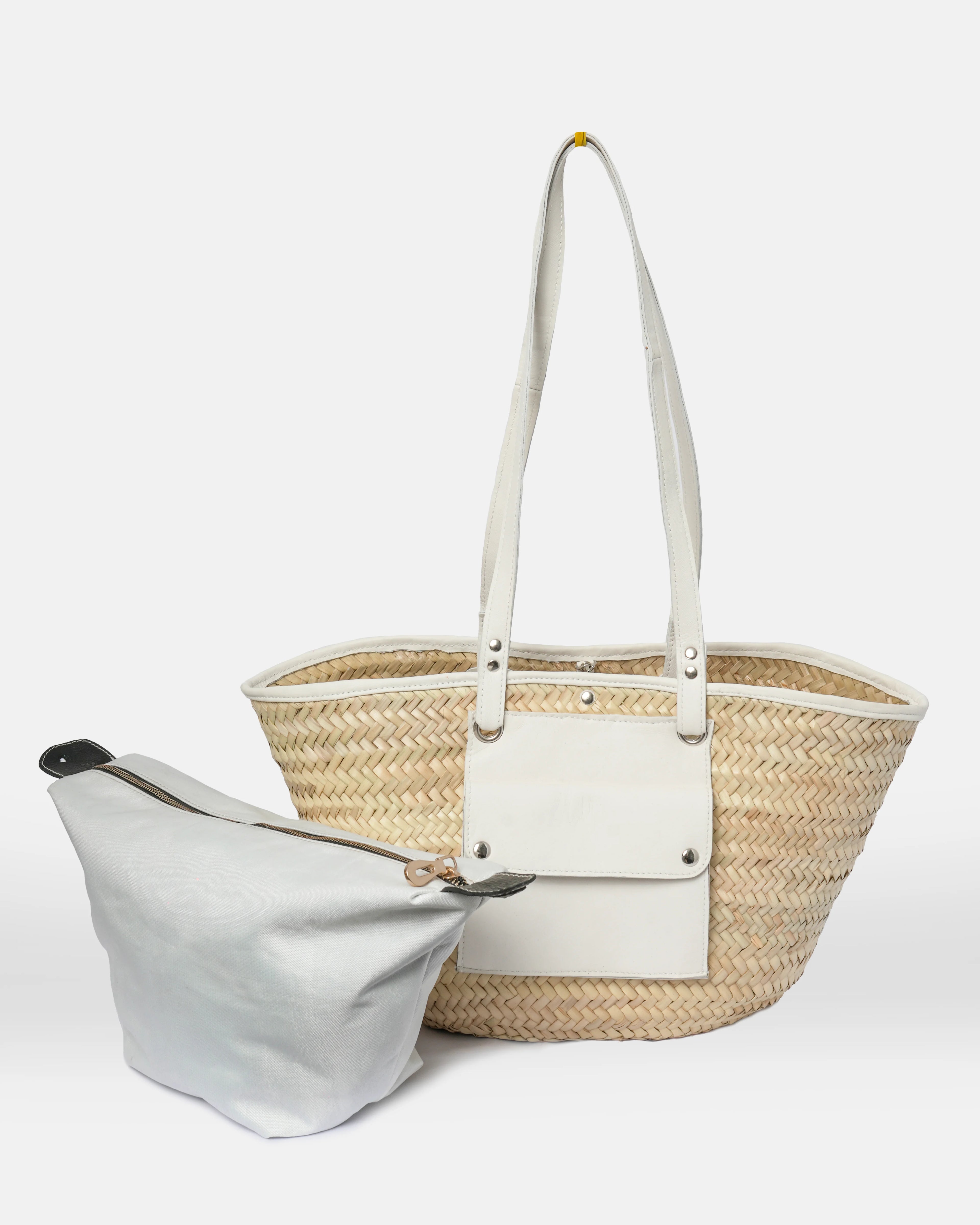 Straw Tote Bag with White Leather Handles