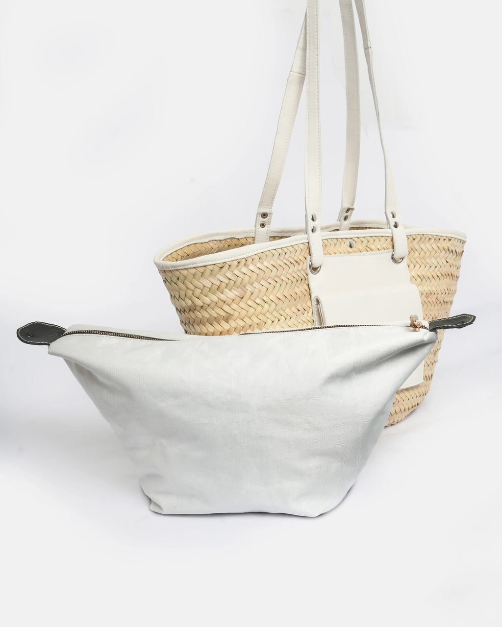 Straw Tote Bag with White Leather Handles