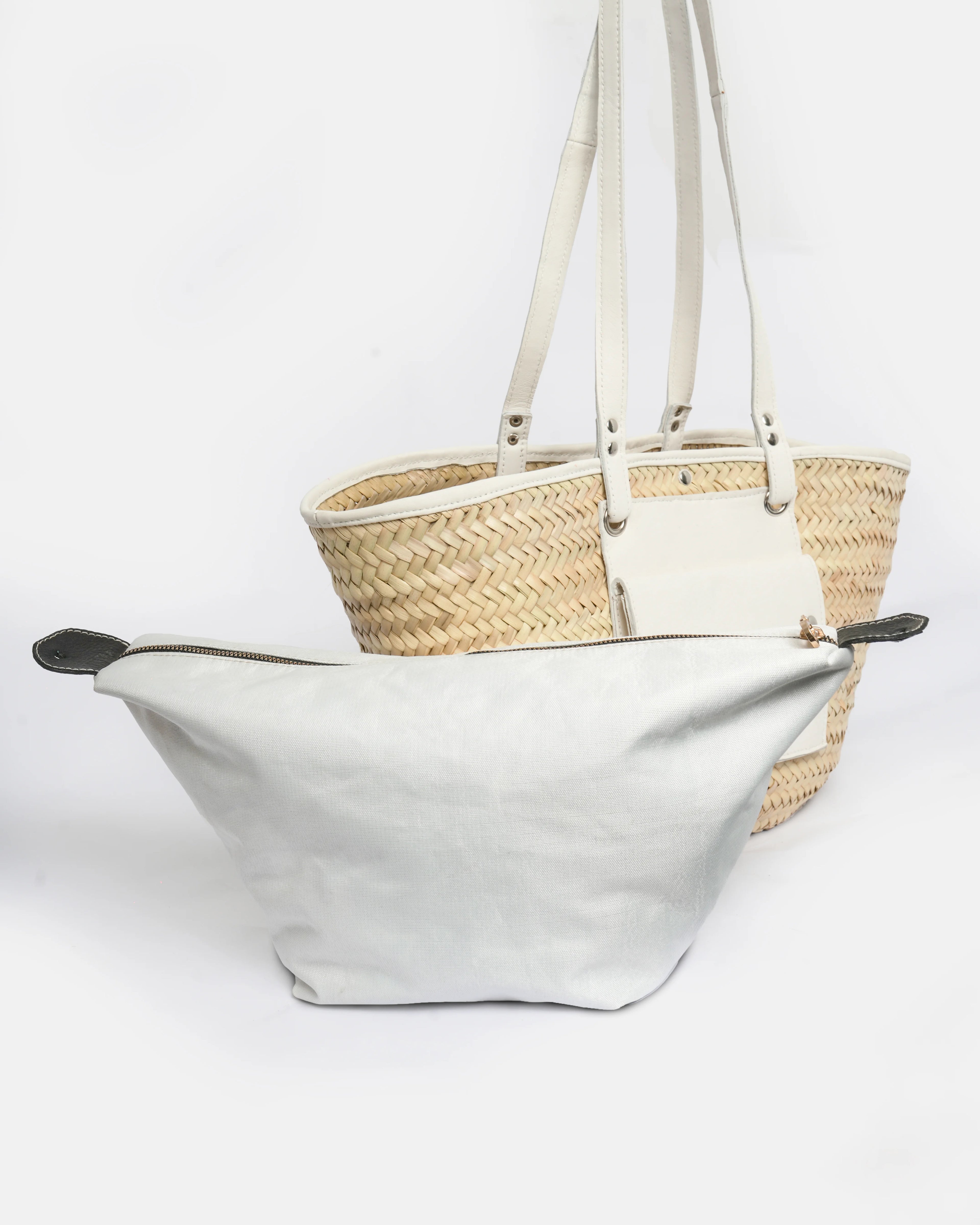 Straw Tote Bag with White Leather Handles