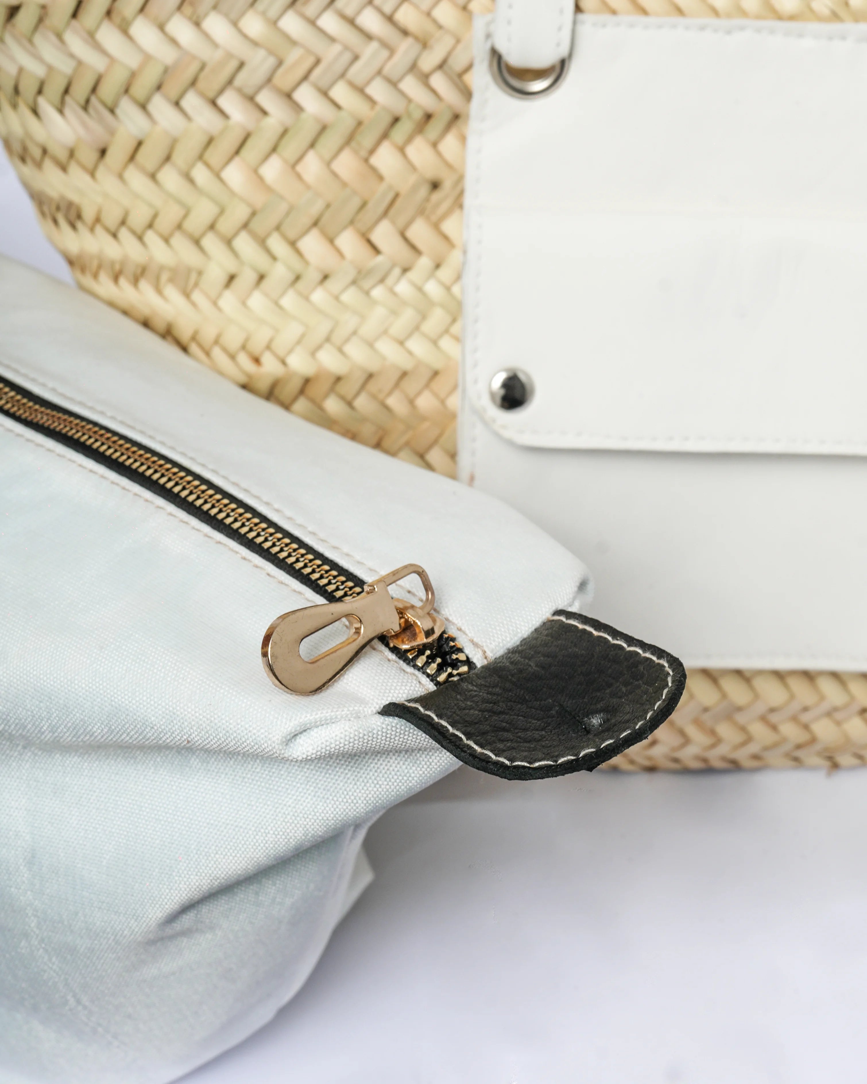 Straw Tote Bag with White Leather Handles
