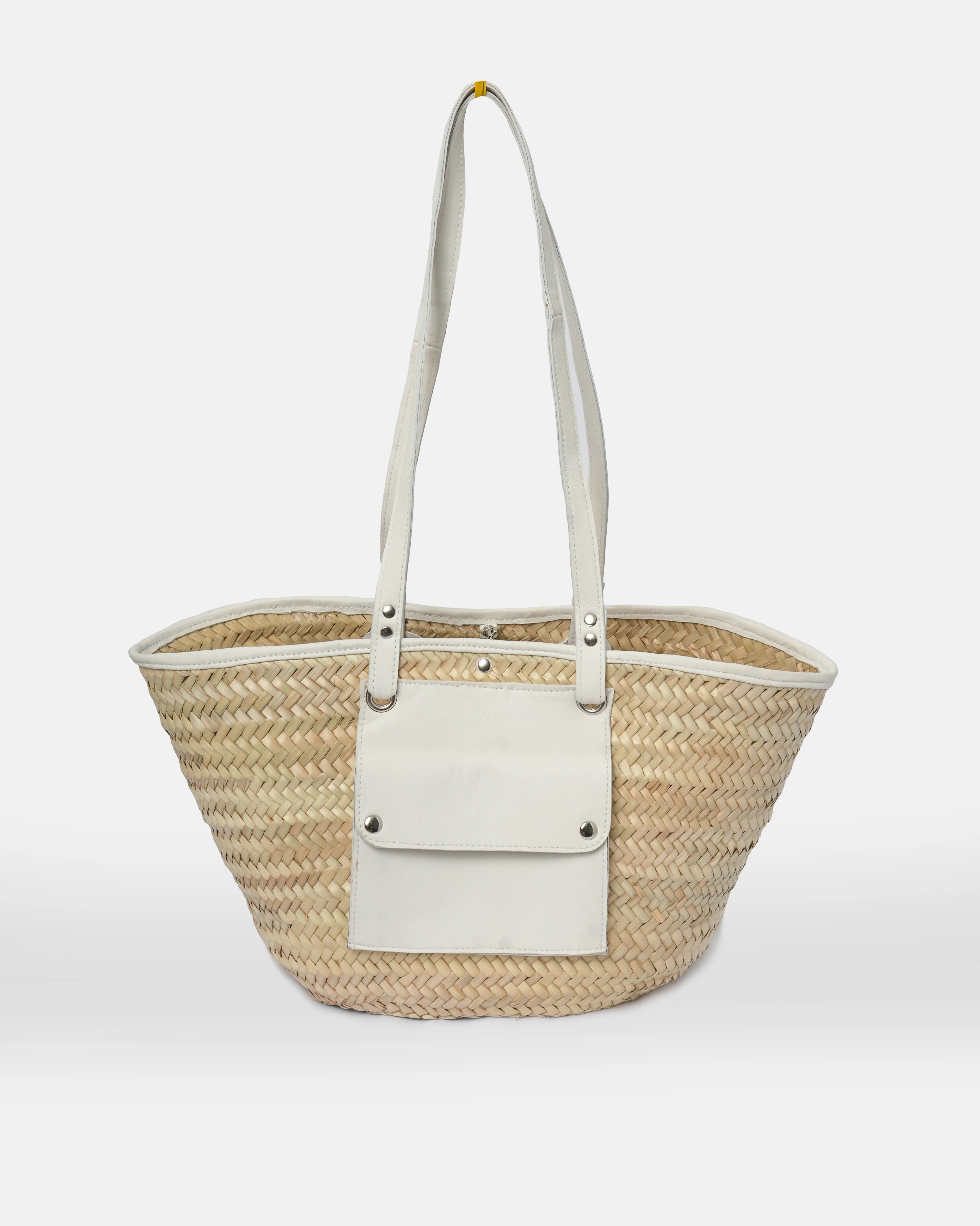 Straw Tote Bag with White Leather Handles
