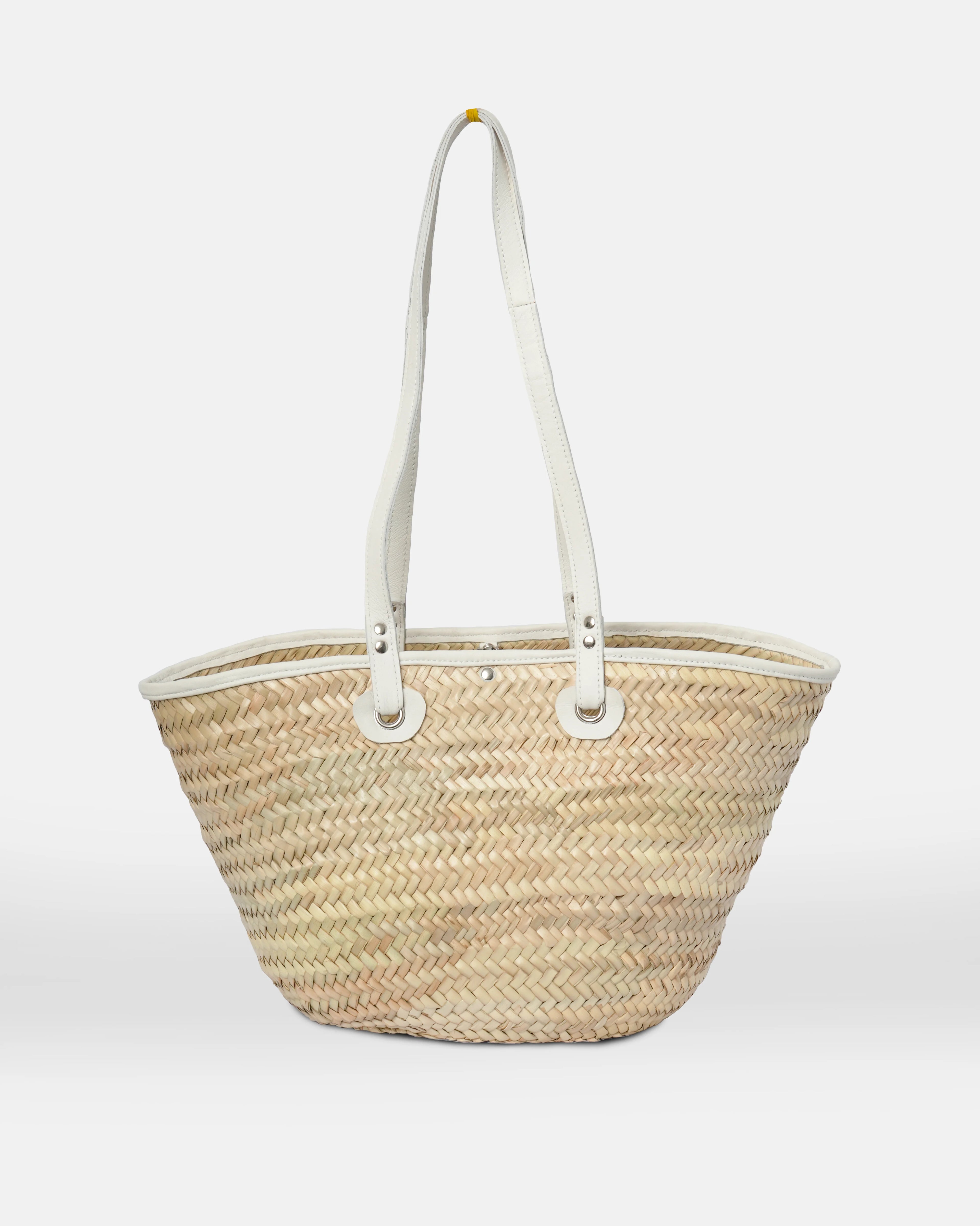 Straw Tote Bag with White Leather Handles