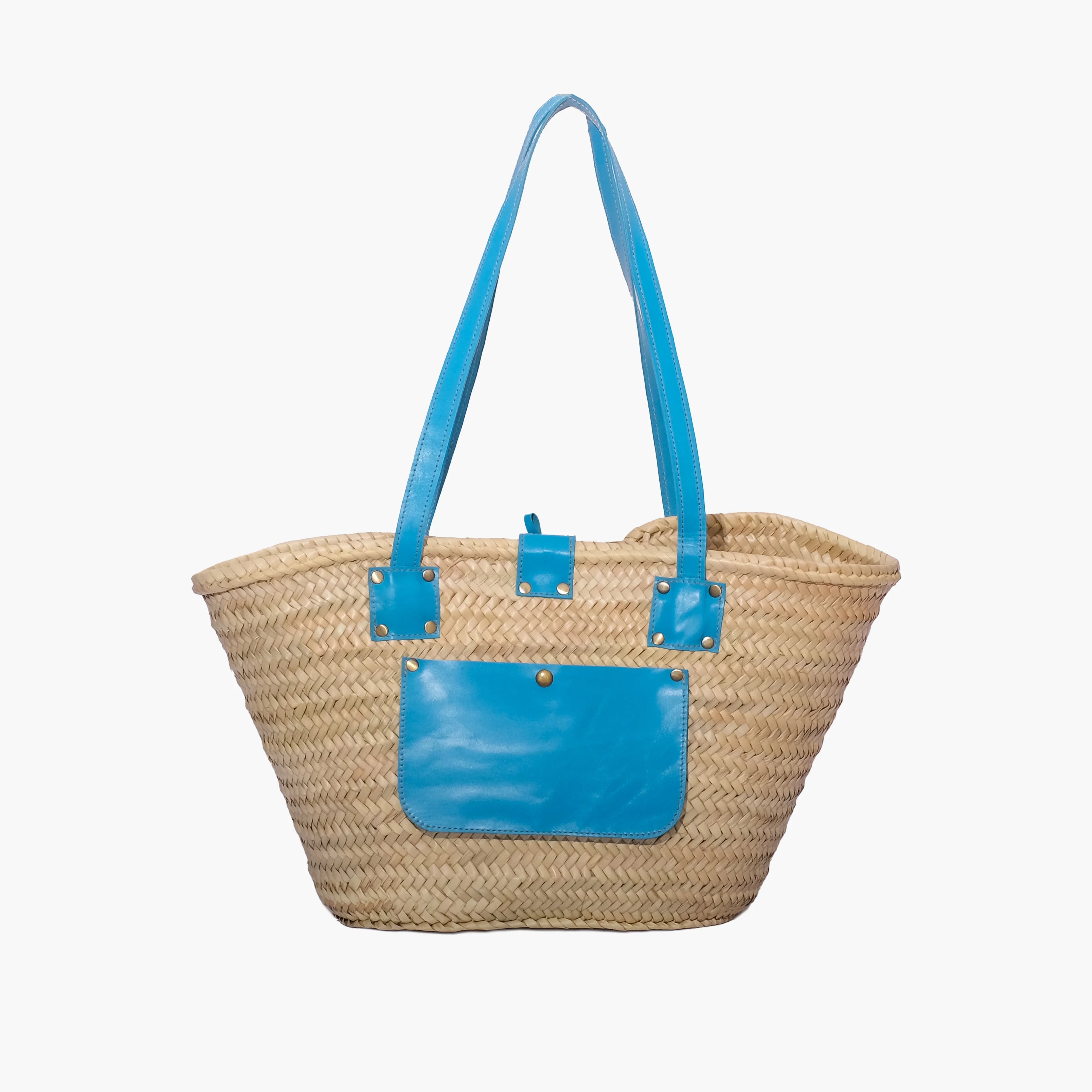 Hand-Woven Straw Tote Bag with Colorful Leather Handles