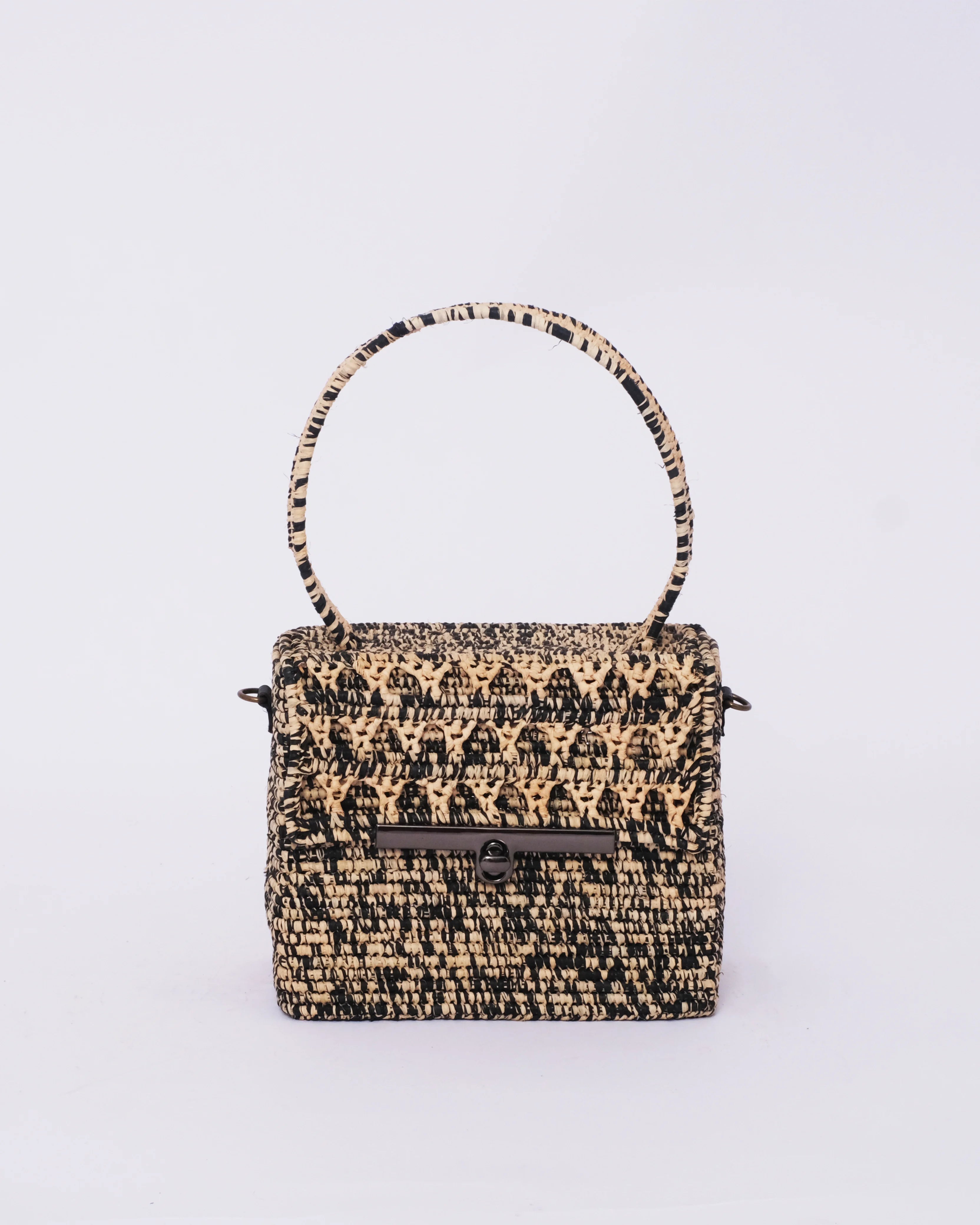 Structured Raffia Box Bag — Black Woven Handle