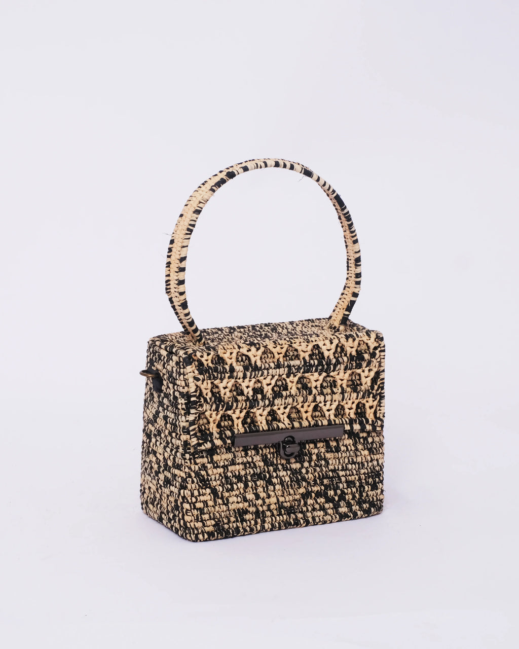 Structured Raffia Box Bag — Black Woven Handle
