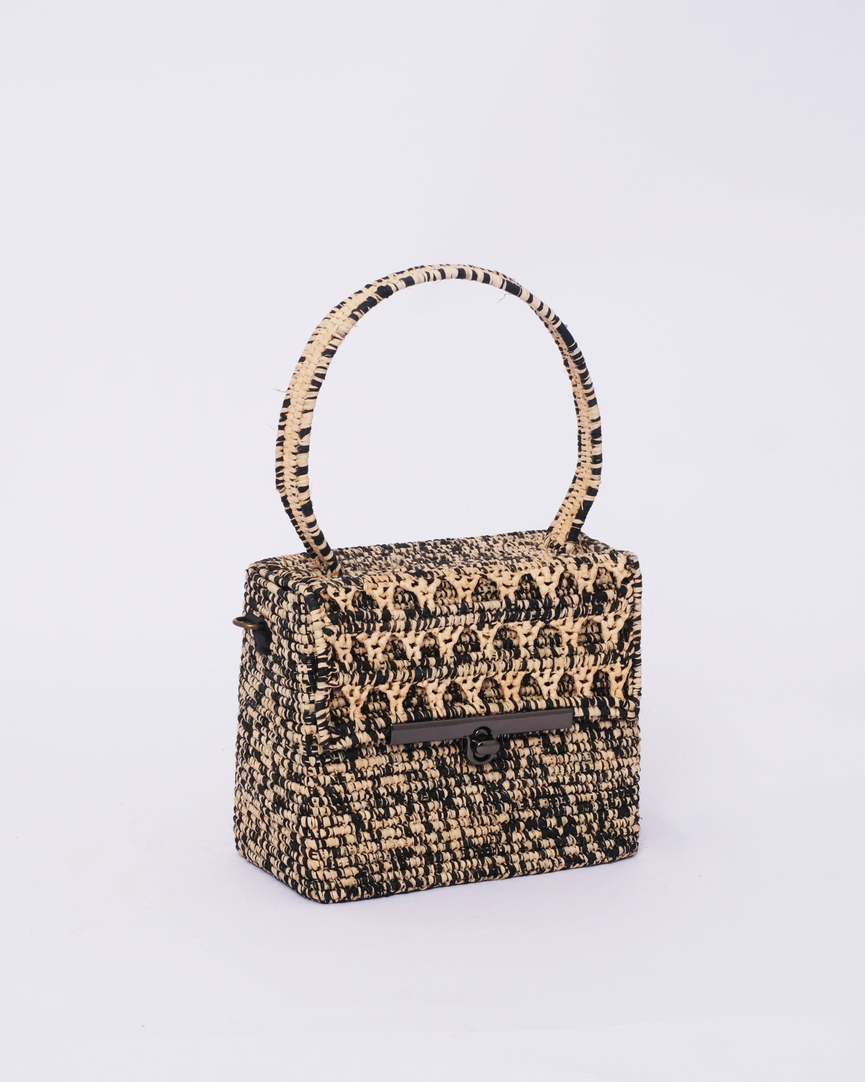 Structured Raffia Box Bag — Black Woven Handle