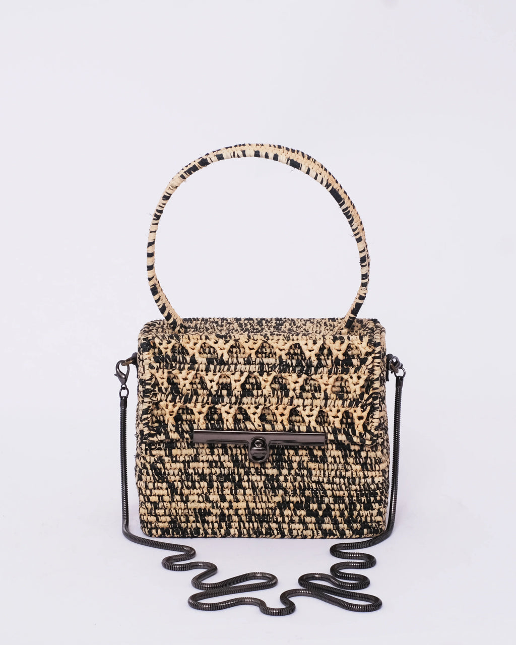 Structured Raffia Box Bag — Black Woven Handle