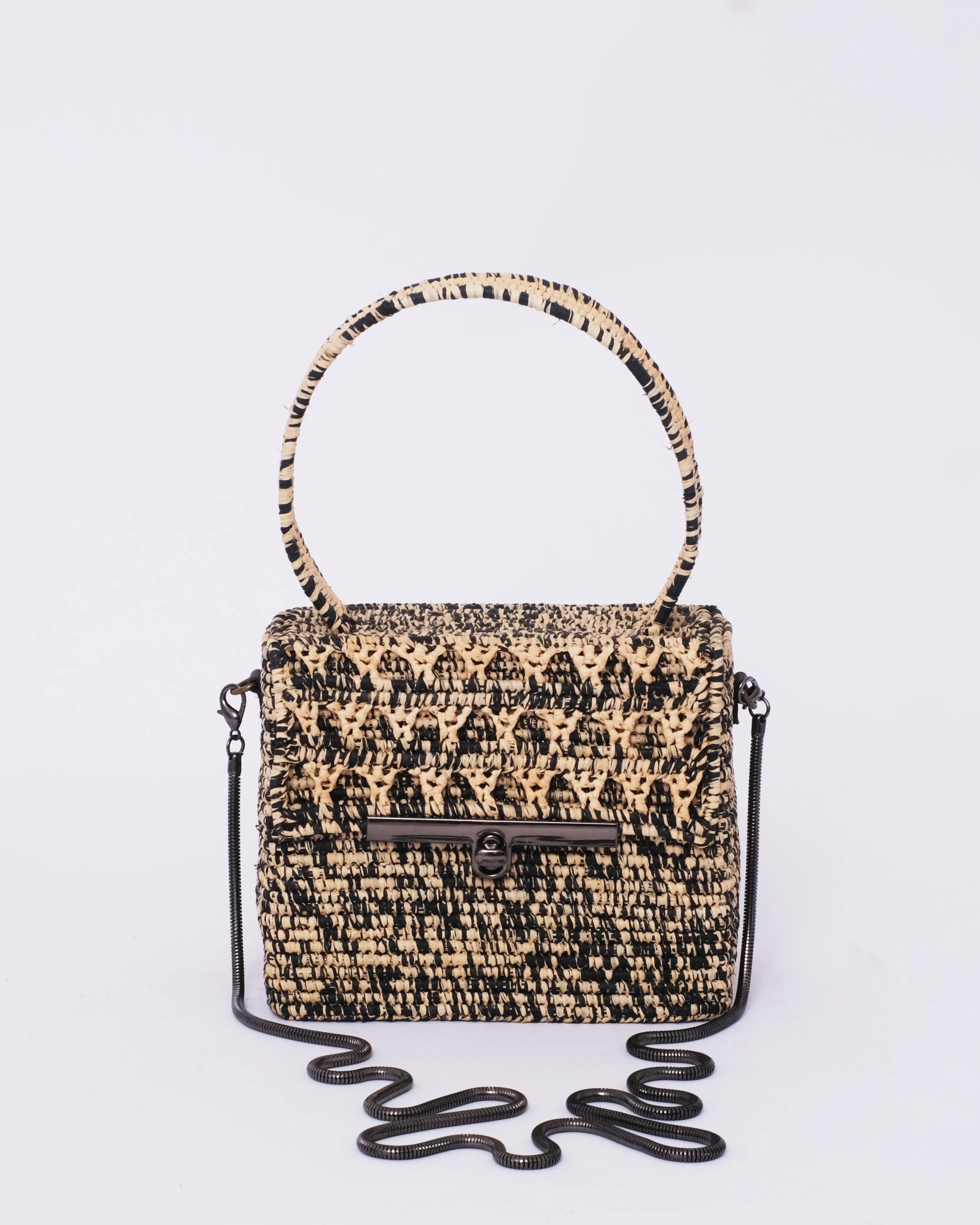 Structured Raffia Box Bag — Black Woven Handle