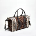 A duffle bag with a brown, beige, and gray geometric patterned fabric body, black leather handles and trim, and gold-tone hardware, photographed on a white studio background.