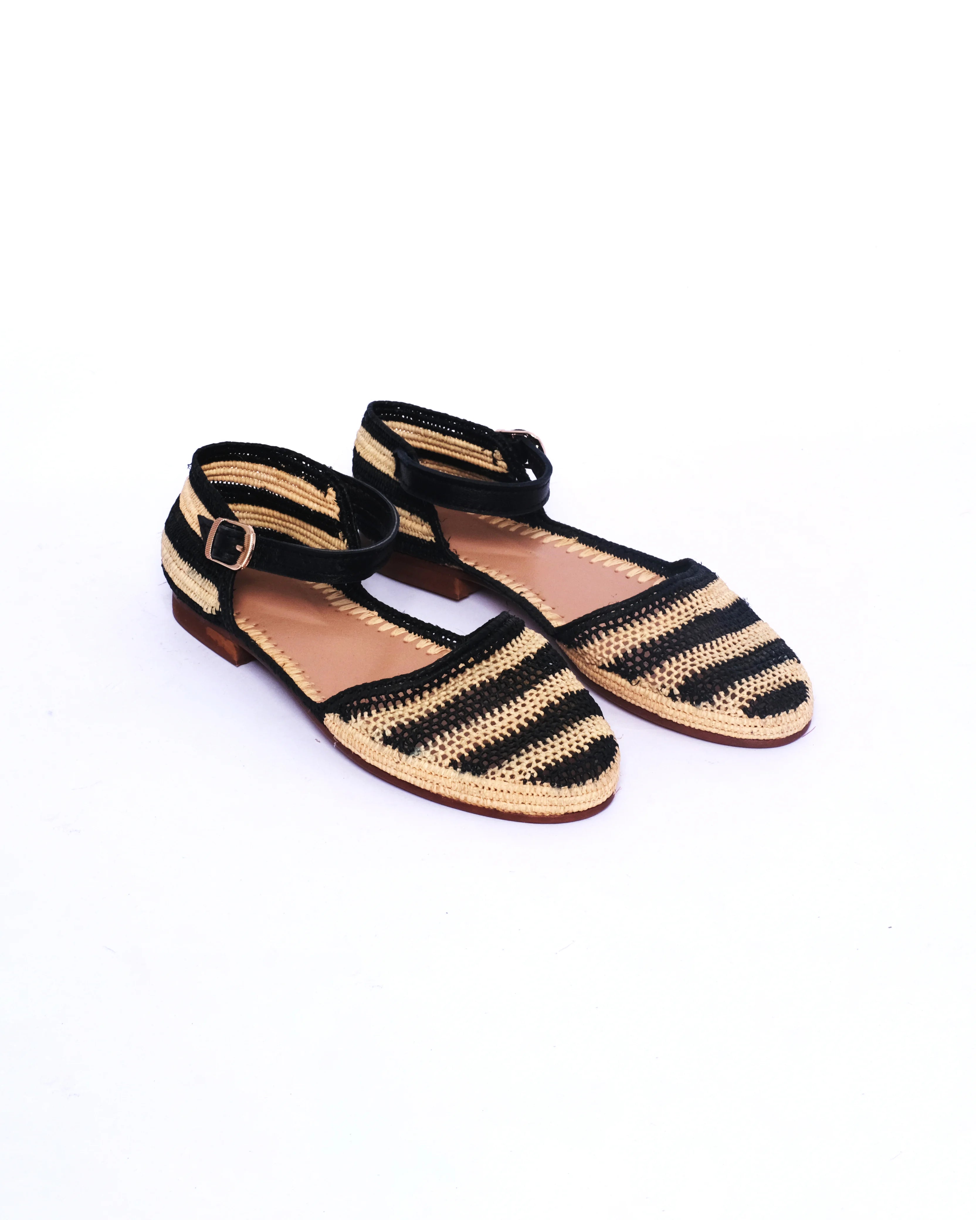 Women's Raffia Ankle-Strap Flat Sandals In Natural & Black Stripe