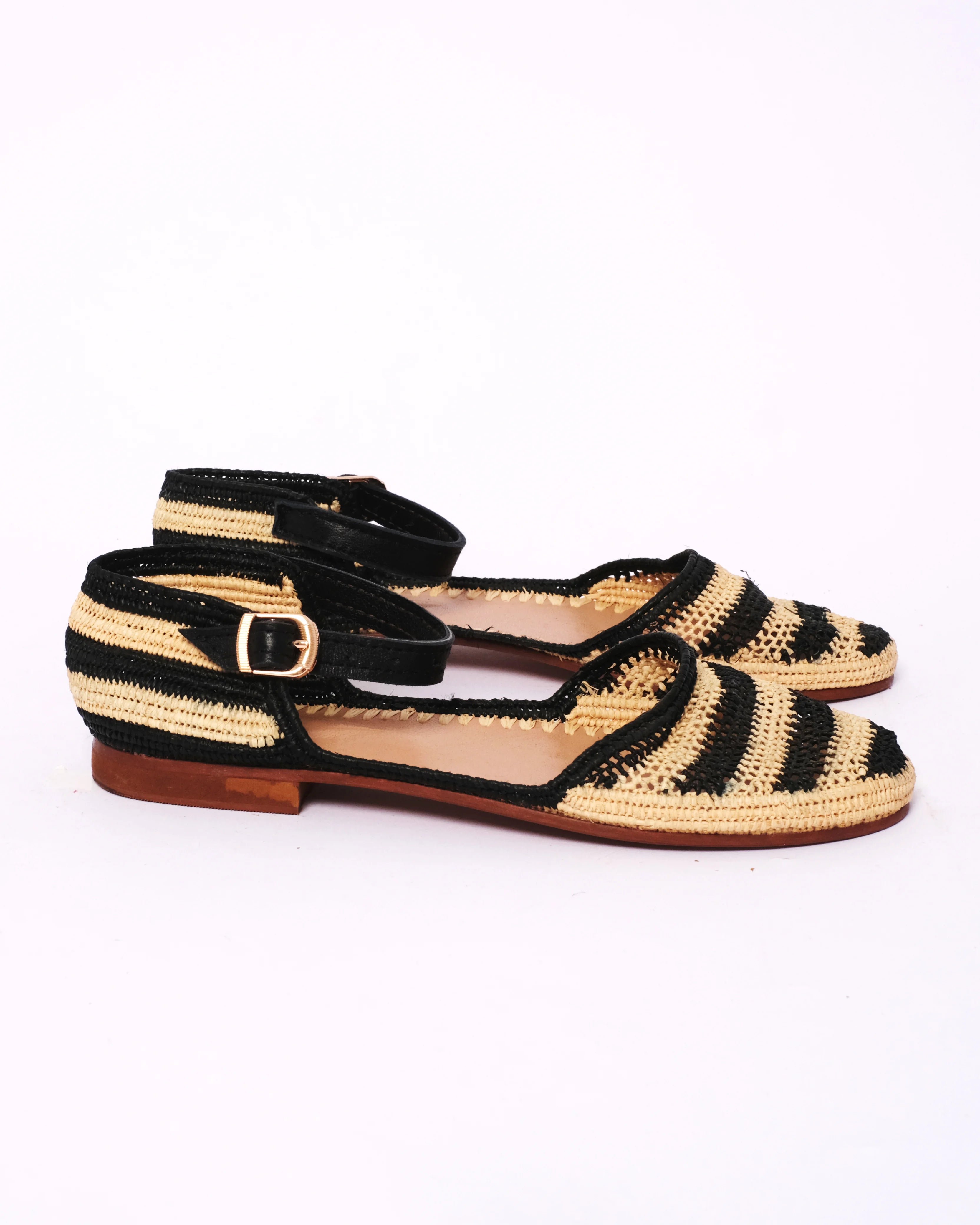 Women's Raffia Ankle-Strap Flat Sandals In Natural & Black Stripe