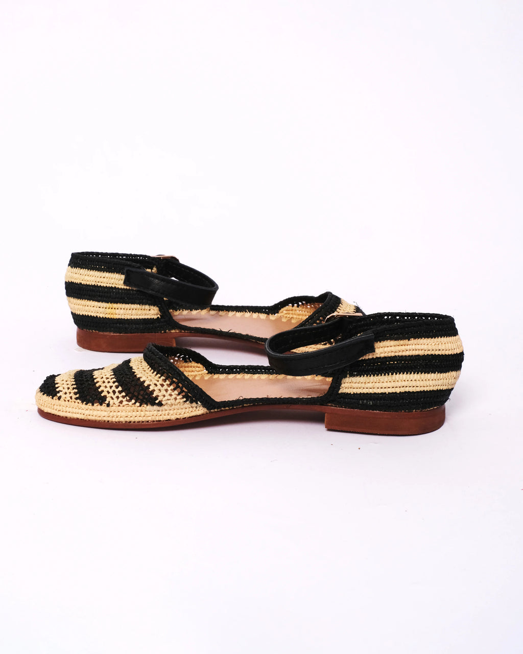 Women's Raffia Ankle-Strap Flat Sandals In Natural & Black Stripe