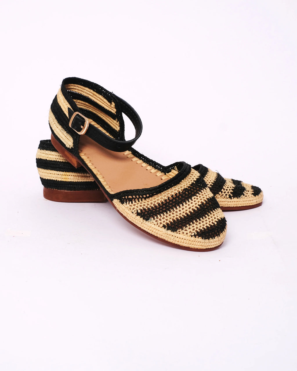 Women's Raffia Ankle-Strap Flat Sandals In Natural & Black Stripe