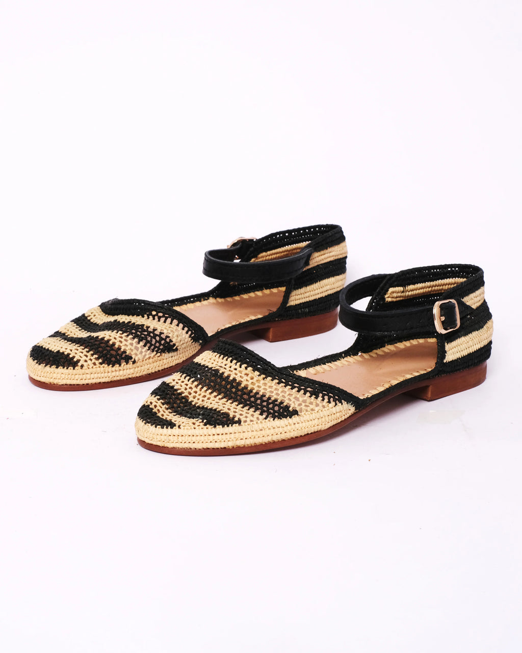 Women's Raffia Ankle-Strap Flat Sandals In Natural & Black Stripe