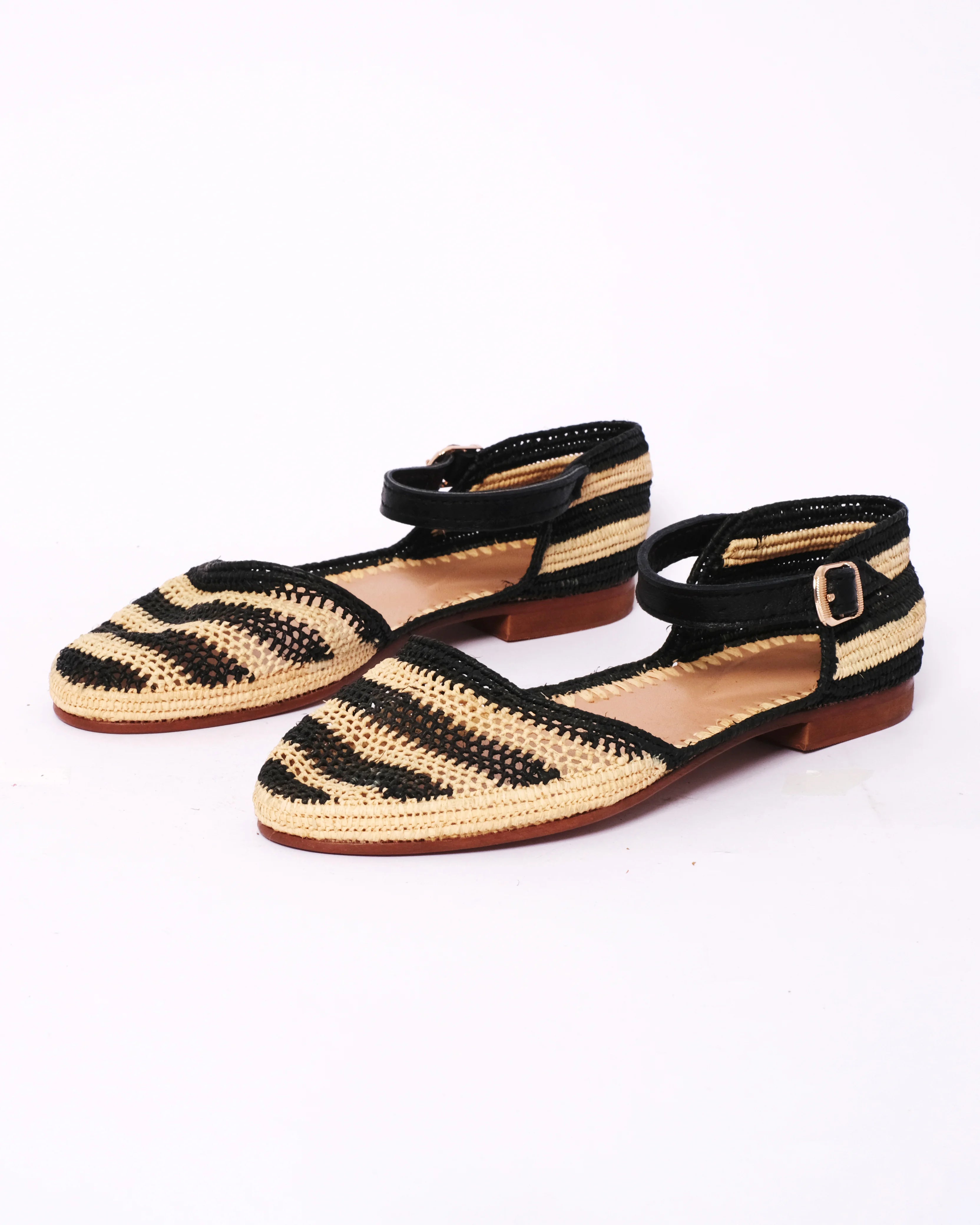 Women's Raffia Ankle-Strap Flat Sandals In Natural & Black Stripe
