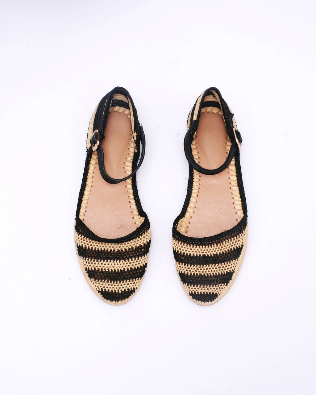 Women's Raffia Ankle-Strap Flat Sandals In Natural & Black Stripe