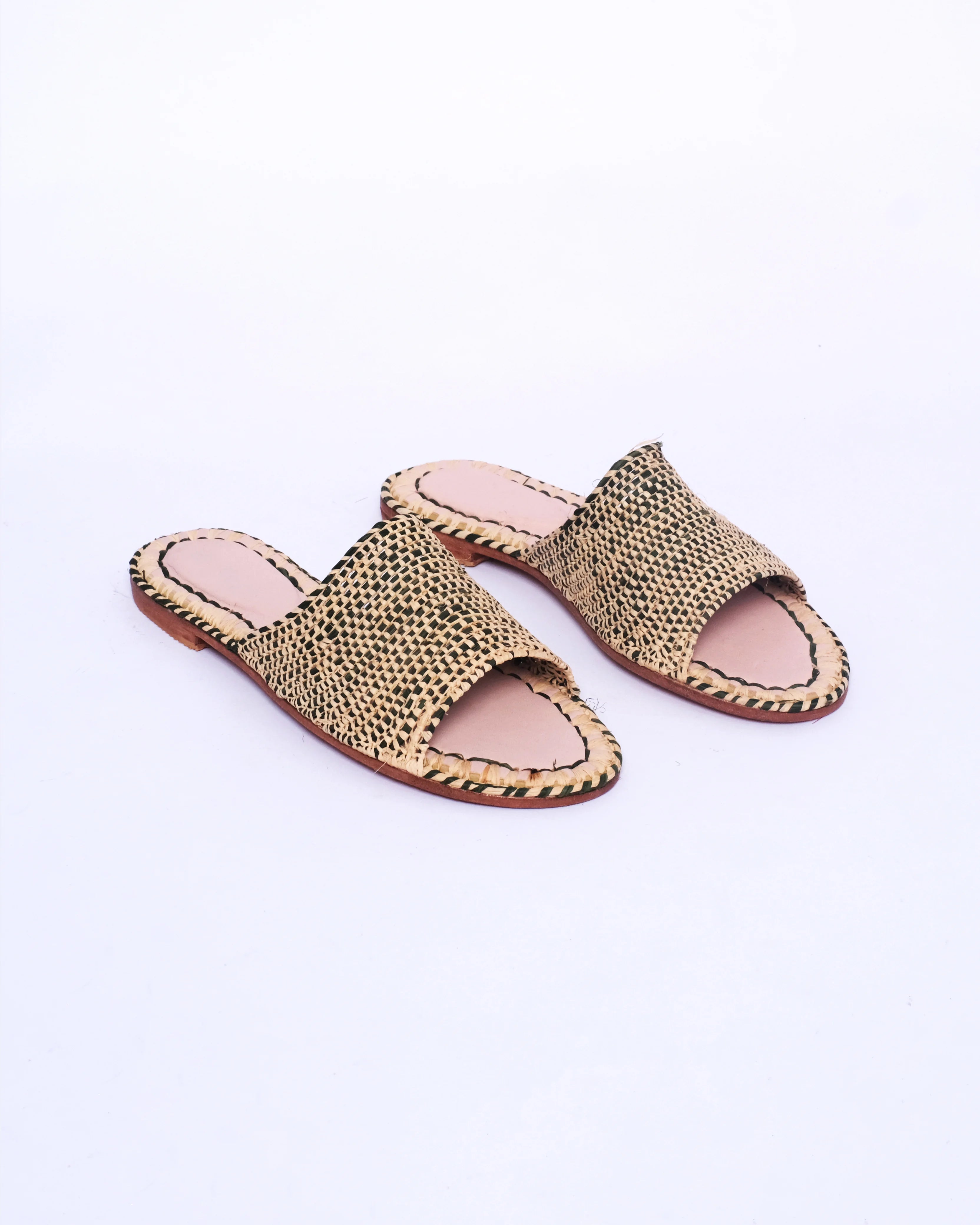 Women's Raffia Checkered Flat Slide Sandals – Natural & Black