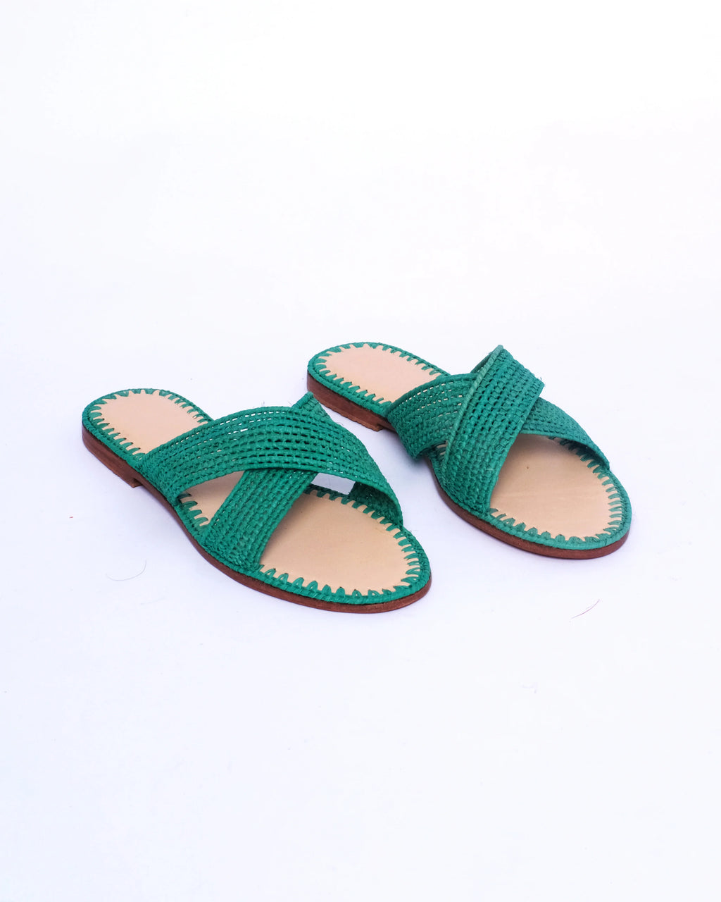 Women's Raffia Cross-Strap Flat Slide Sandals In Emerald Green