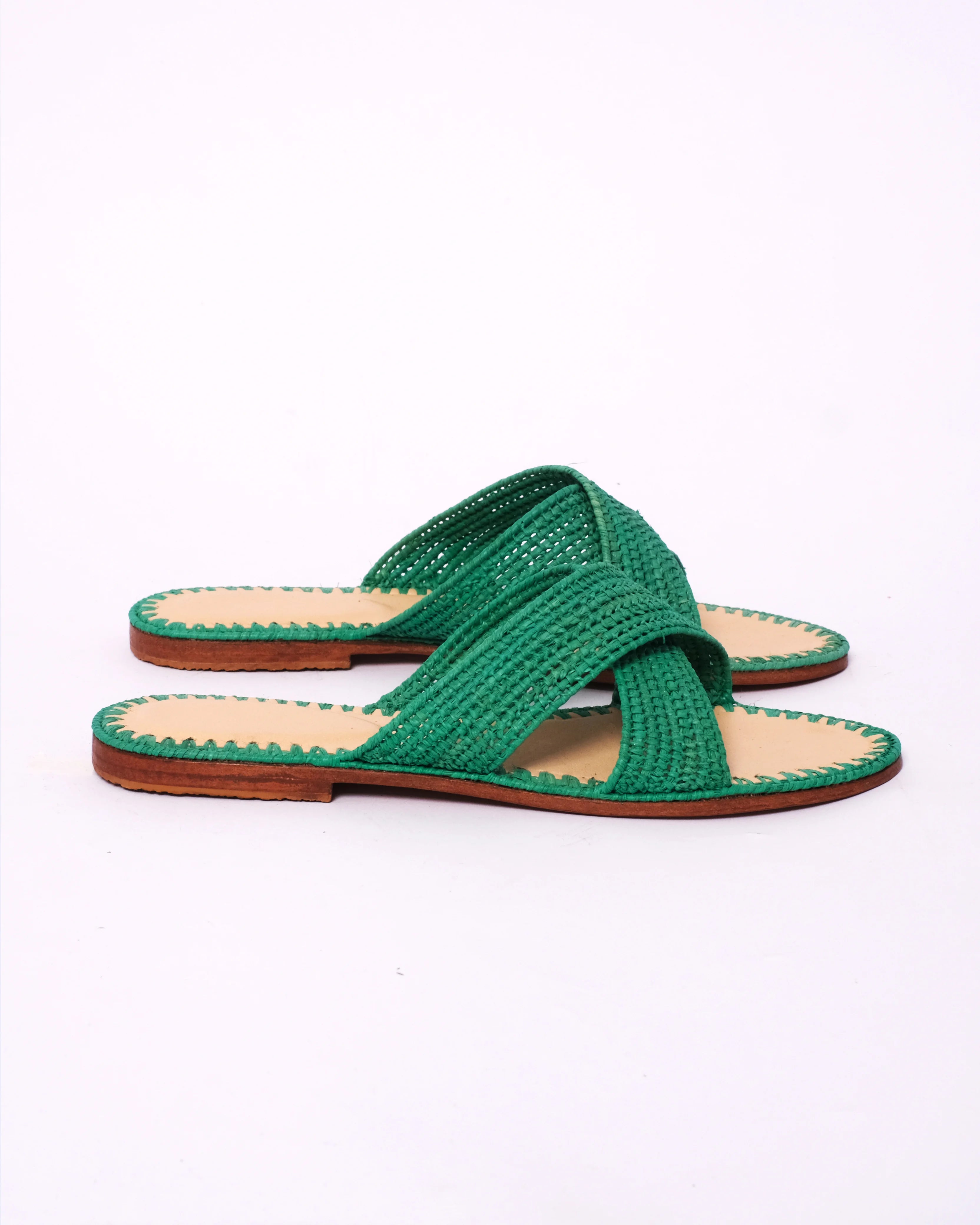Women's Raffia Cross-Strap Flat Slide Sandals In Emerald Green