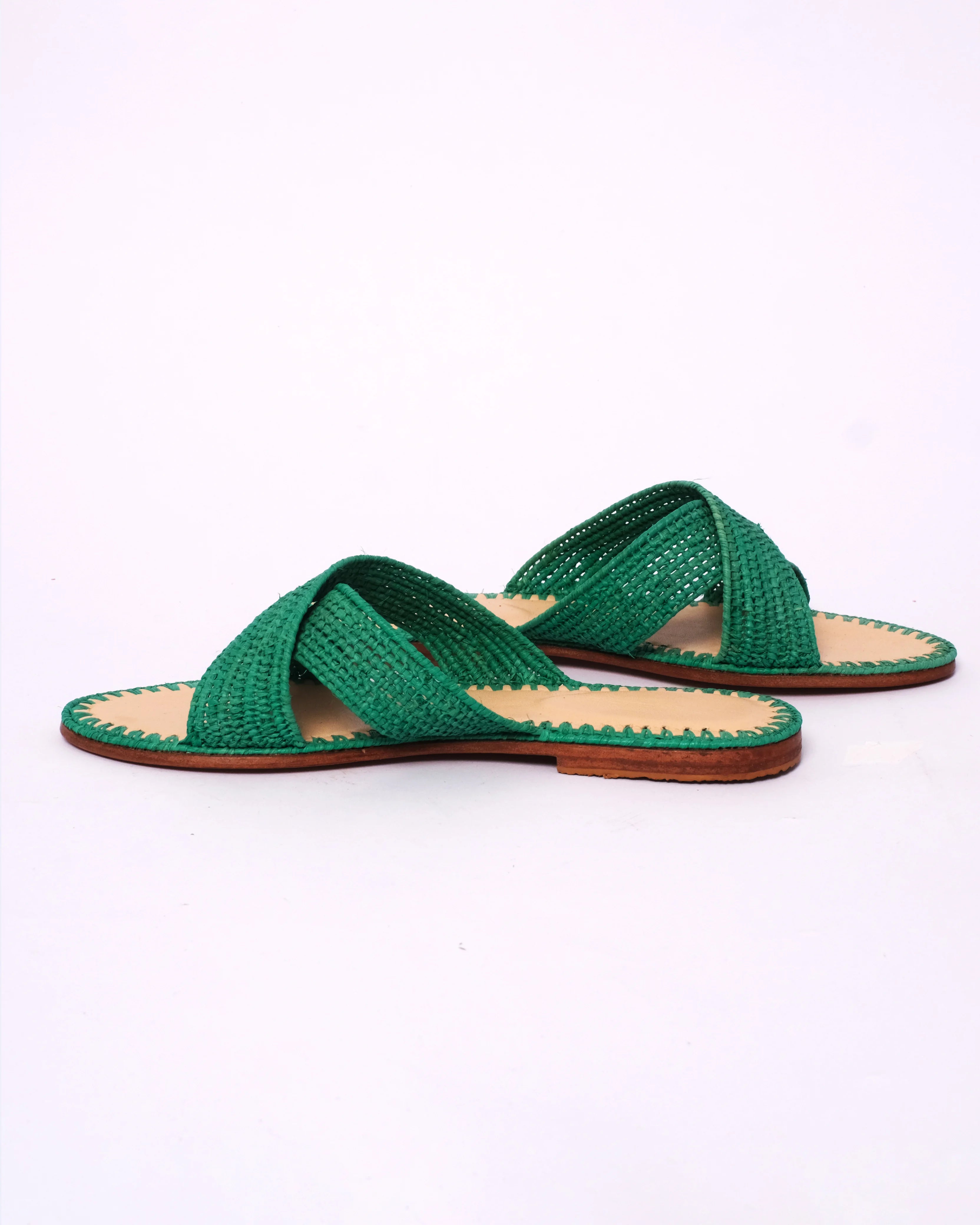 Women's Raffia Cross-Strap Flat Slide Sandals In Emerald Green