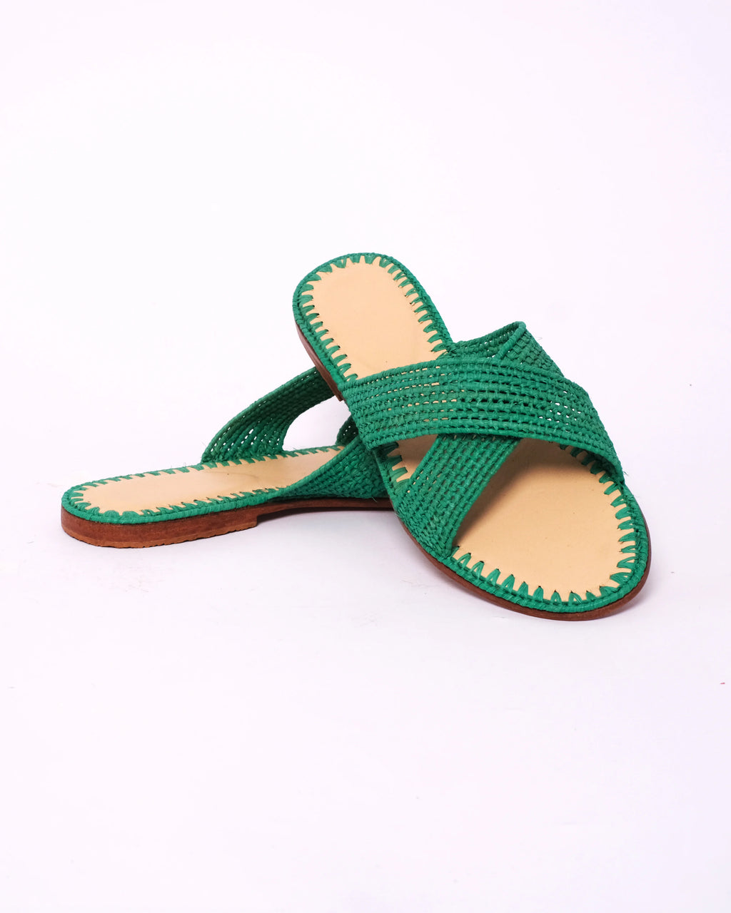 Women's Raffia Cross-Strap Flat Slide Sandals In Emerald Green