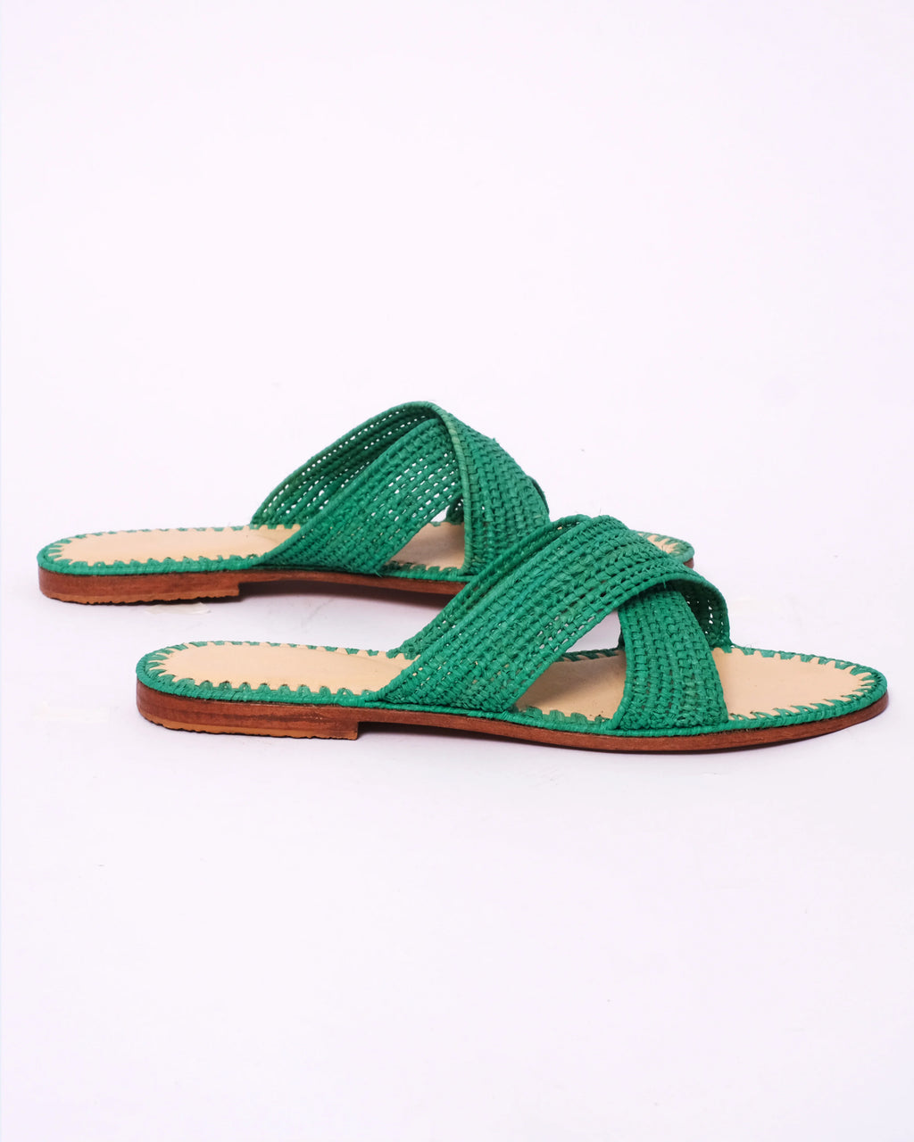 Women's Raffia Cross-Strap Flat Slide Sandals In Emerald Green