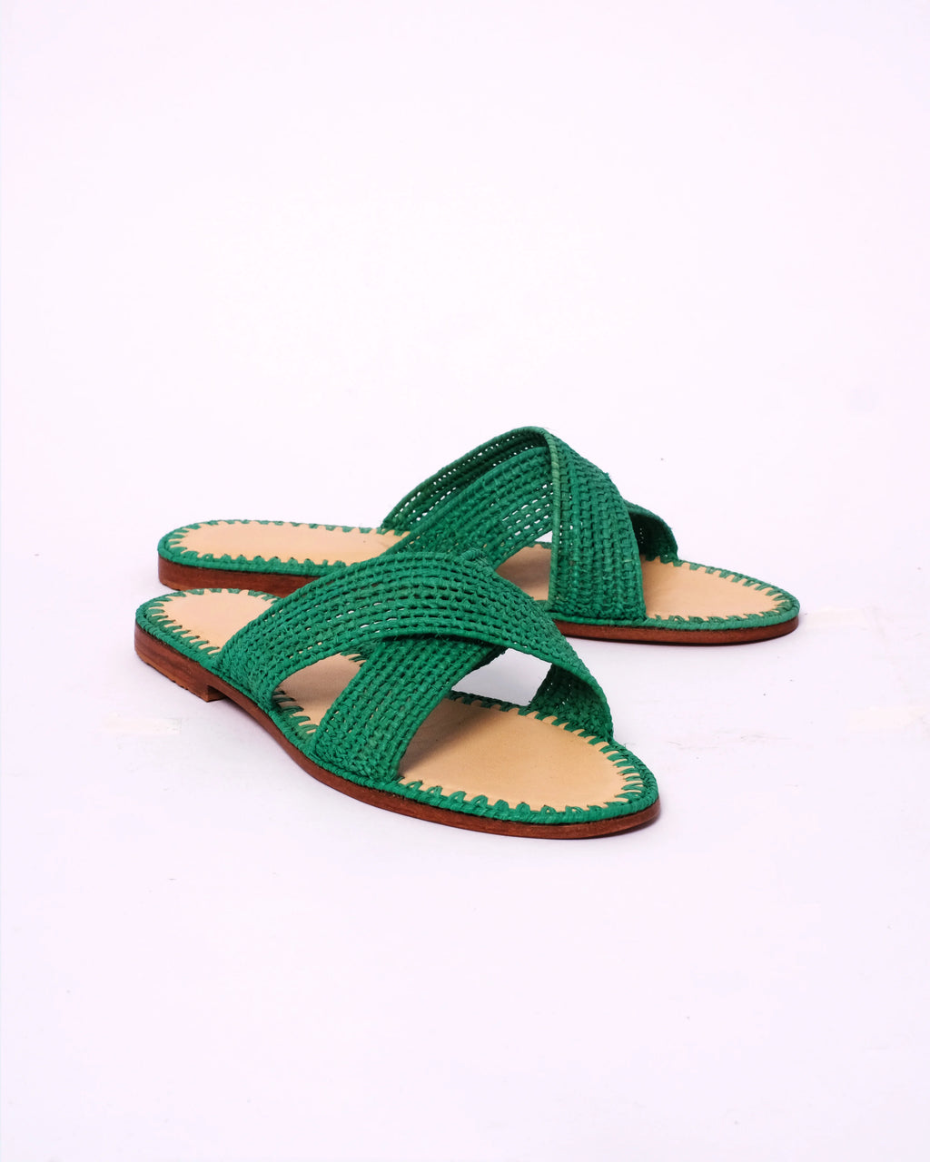 Women's Raffia Cross-Strap Flat Slide Sandals In Emerald Green