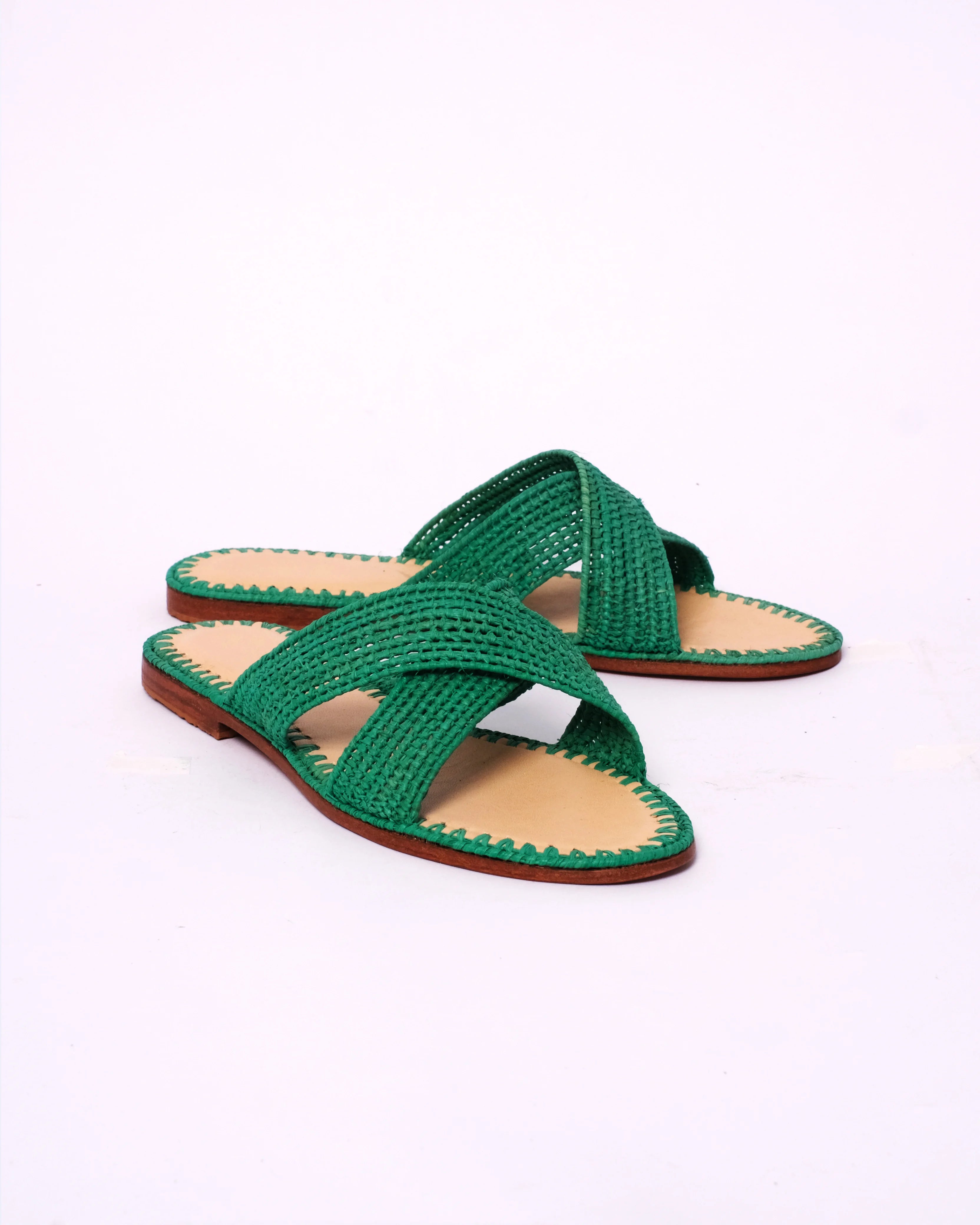 Women's Raffia Cross-Strap Flat Slide Sandals In Emerald Green