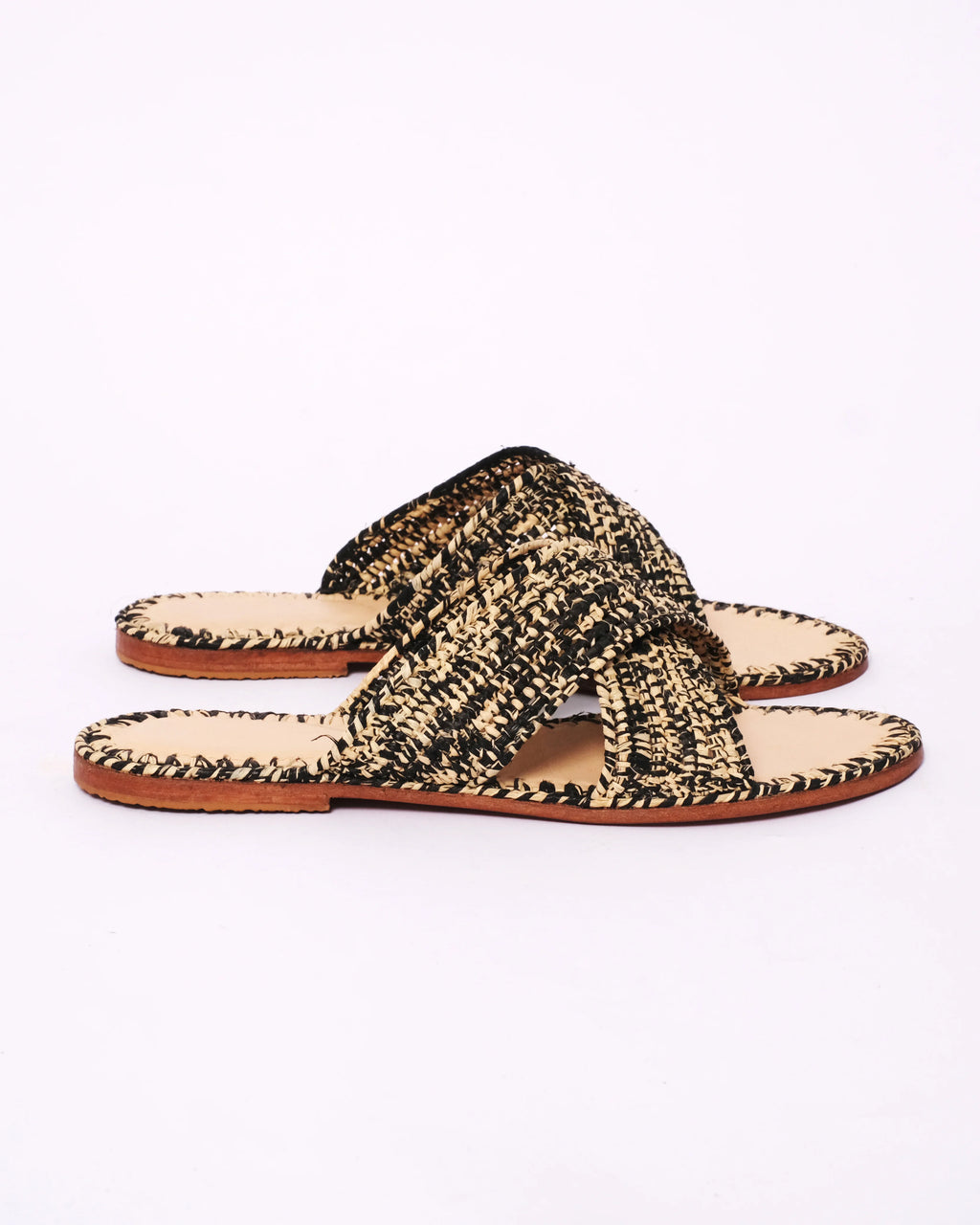 Women's Raffia Cross-Strap Flat Slide Sandals In Natural & Black