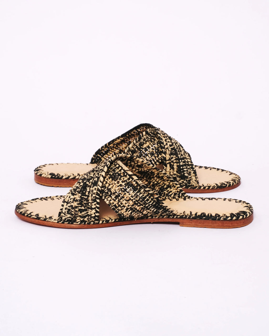 Women's Raffia Cross-Strap Flat Slide Sandals In Natural & Black