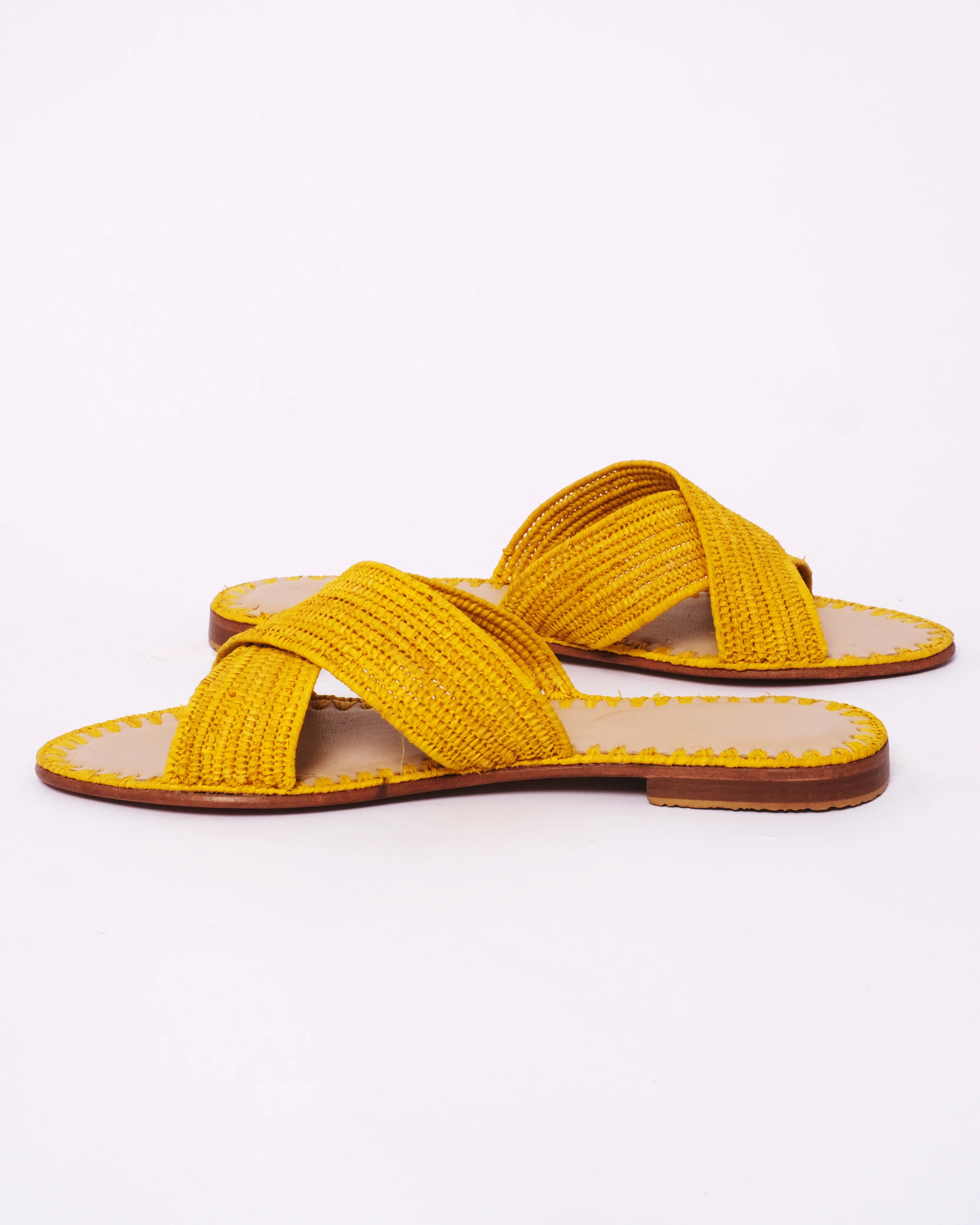 Women's Raffia Cross-Strap Flat Slide Sandals – Yellow