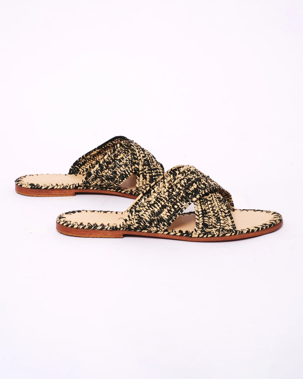 Women's Raffia Cross-Strap Flat Slide Sandals In Natural & Black
