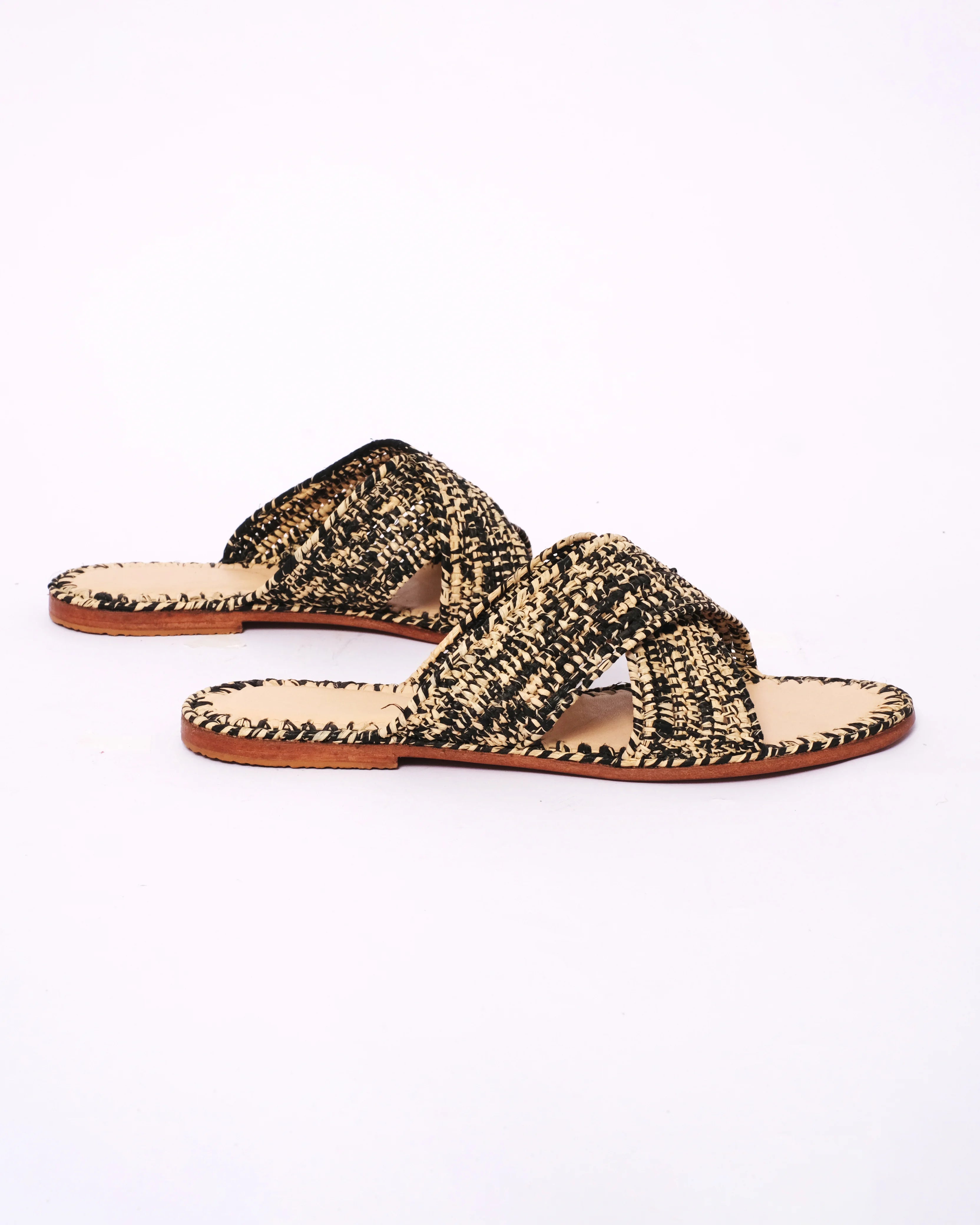 Women's Raffia Cross-Strap Flat Slide Sandals In Natural & Black