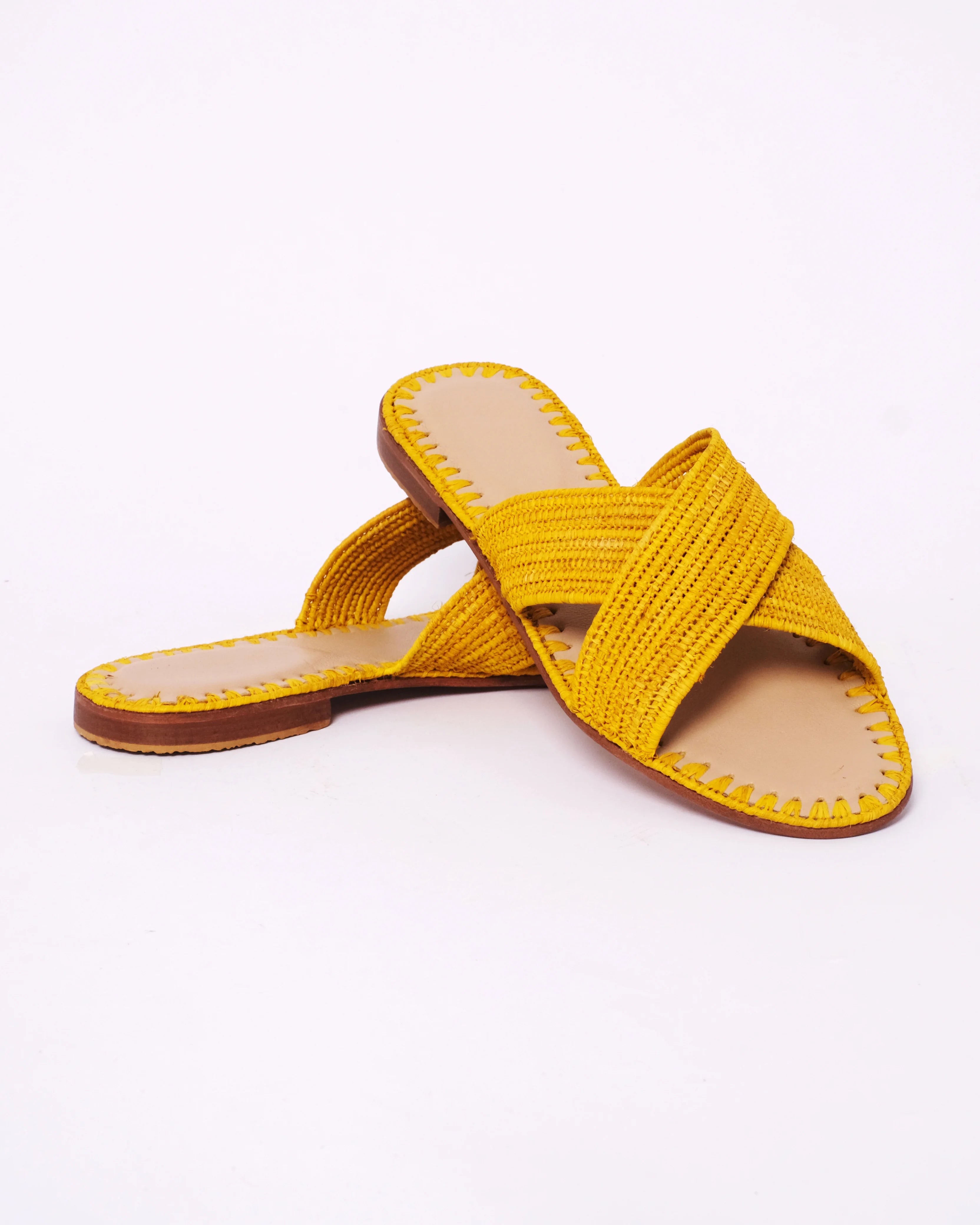Women's Raffia Cross-Strap Flat Slide Sandals – Yellow