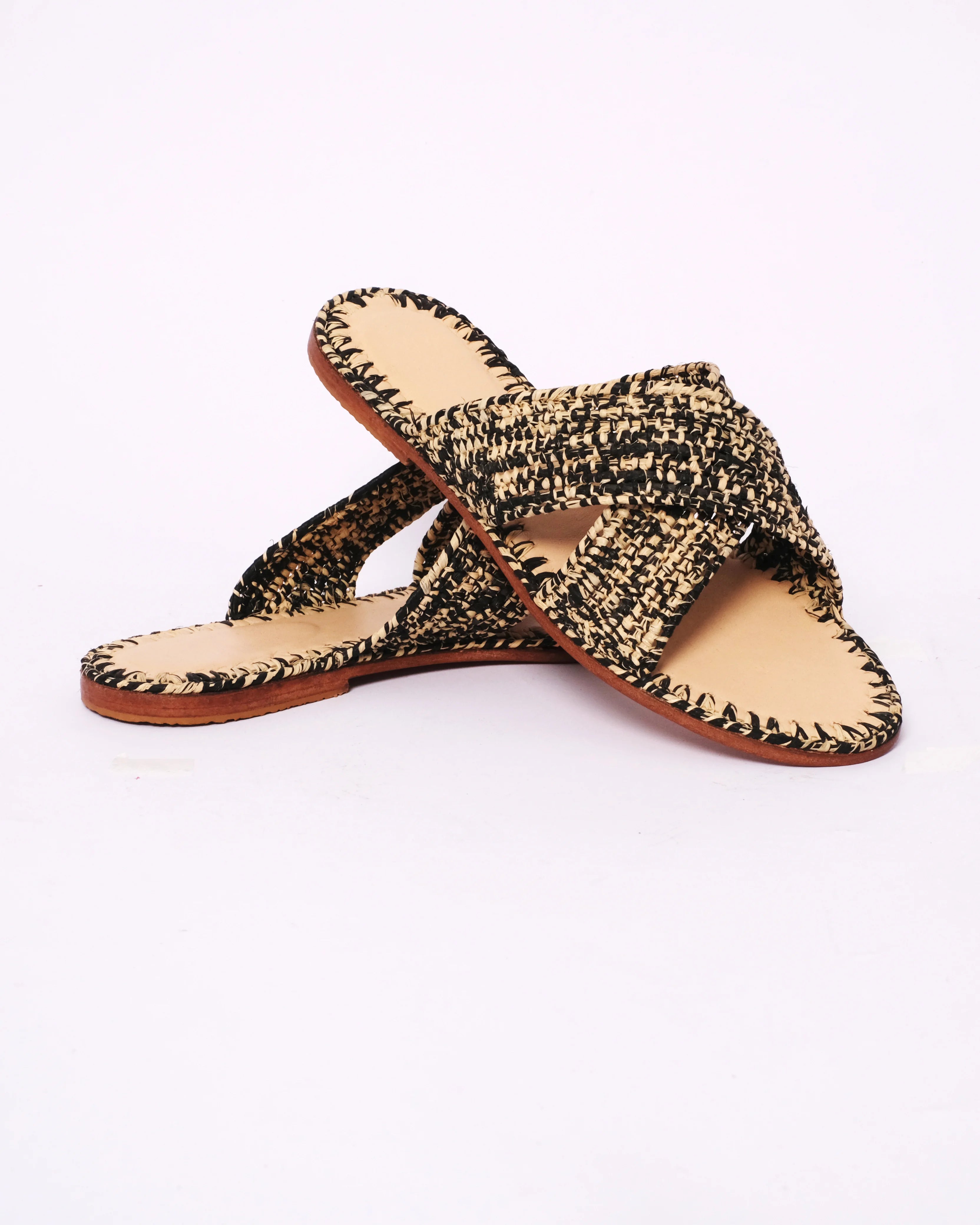 Women's Raffia Cross-Strap Flat Slide Sandals In Natural & Black