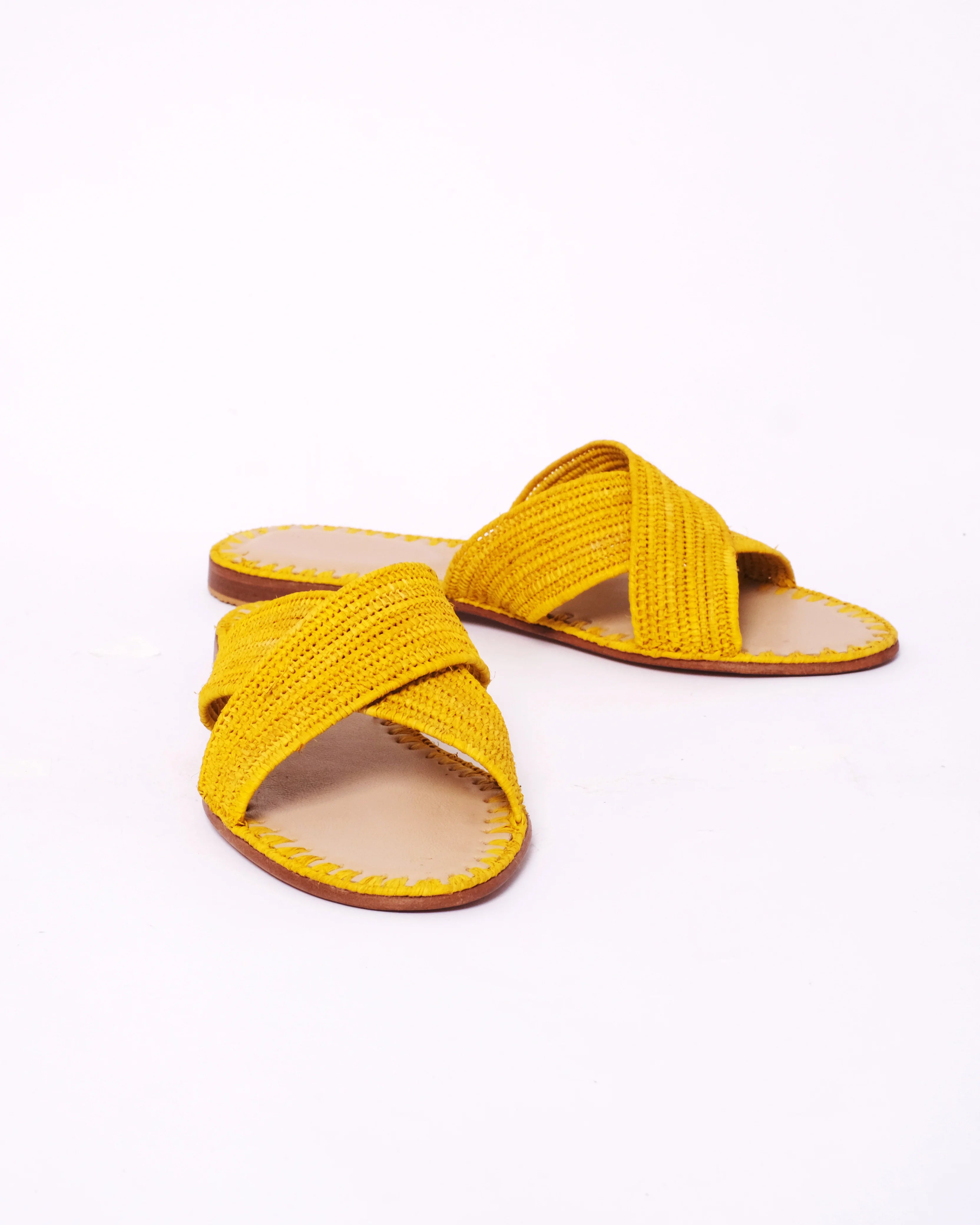 Women's Raffia Cross-Strap Flat Slide Sandals – Yellow