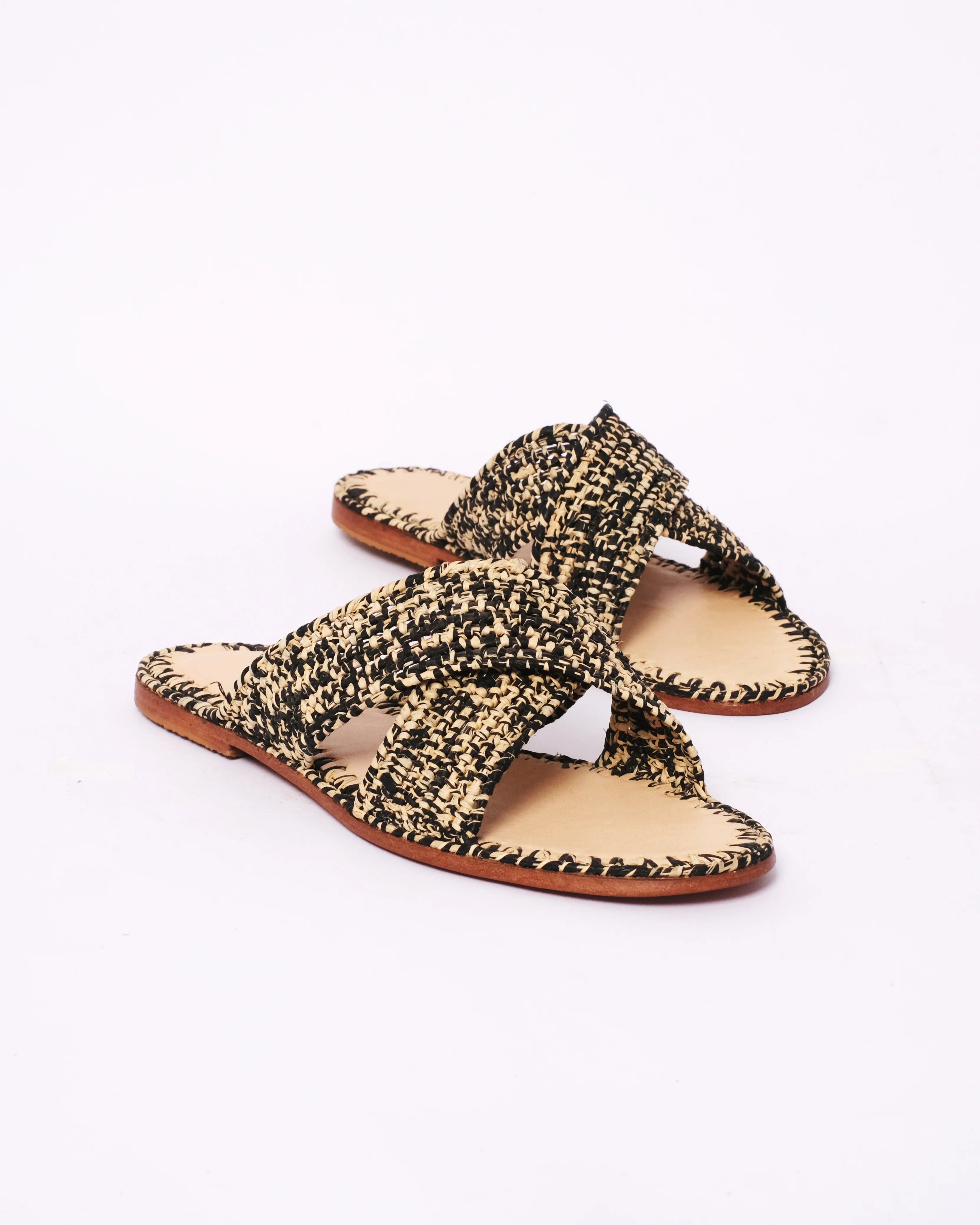 Women's Raffia Cross-Strap Flat Slide Sandals In Natural & Black