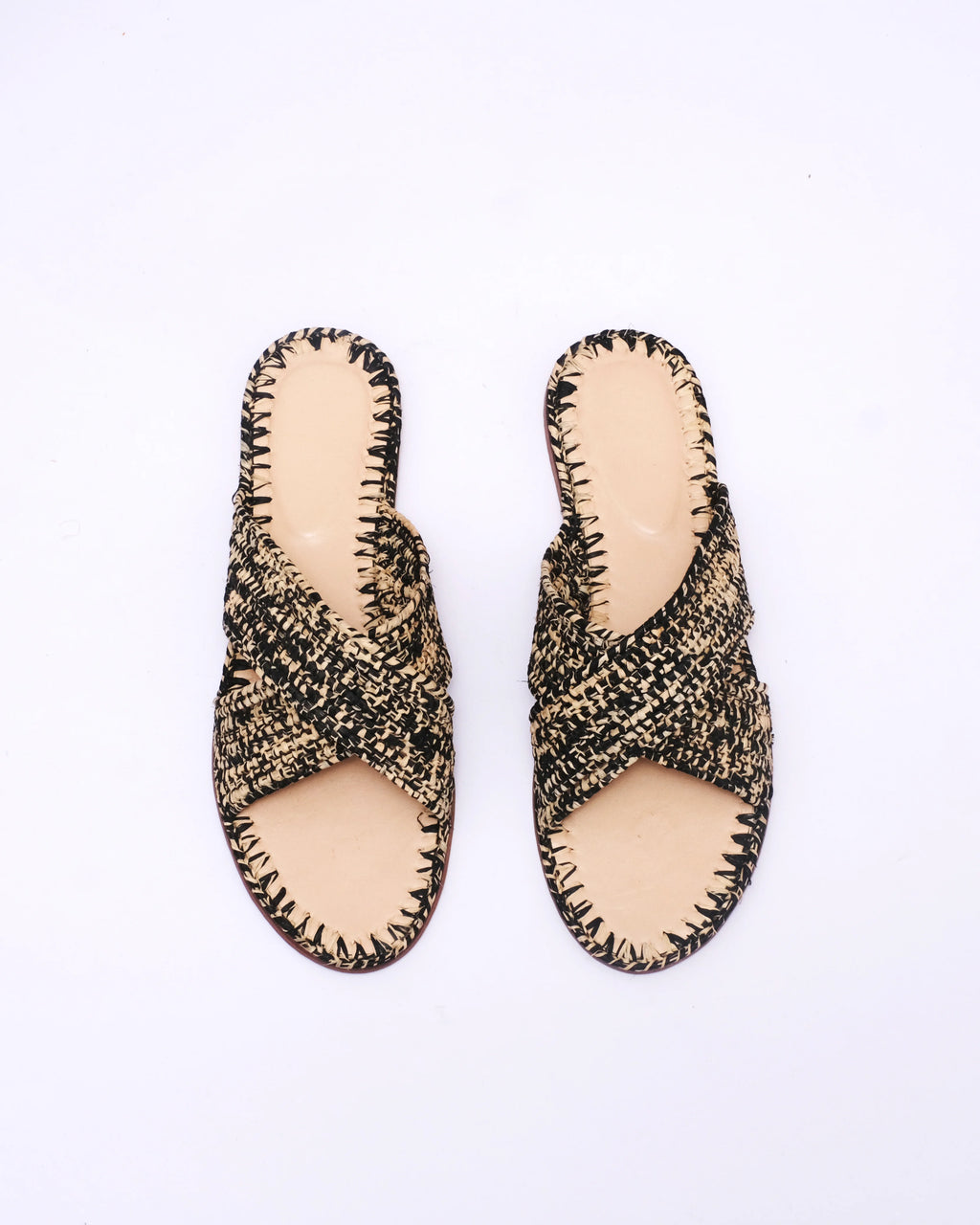 Women's Raffia Cross-Strap Flat Slide Sandals In Natural & Black