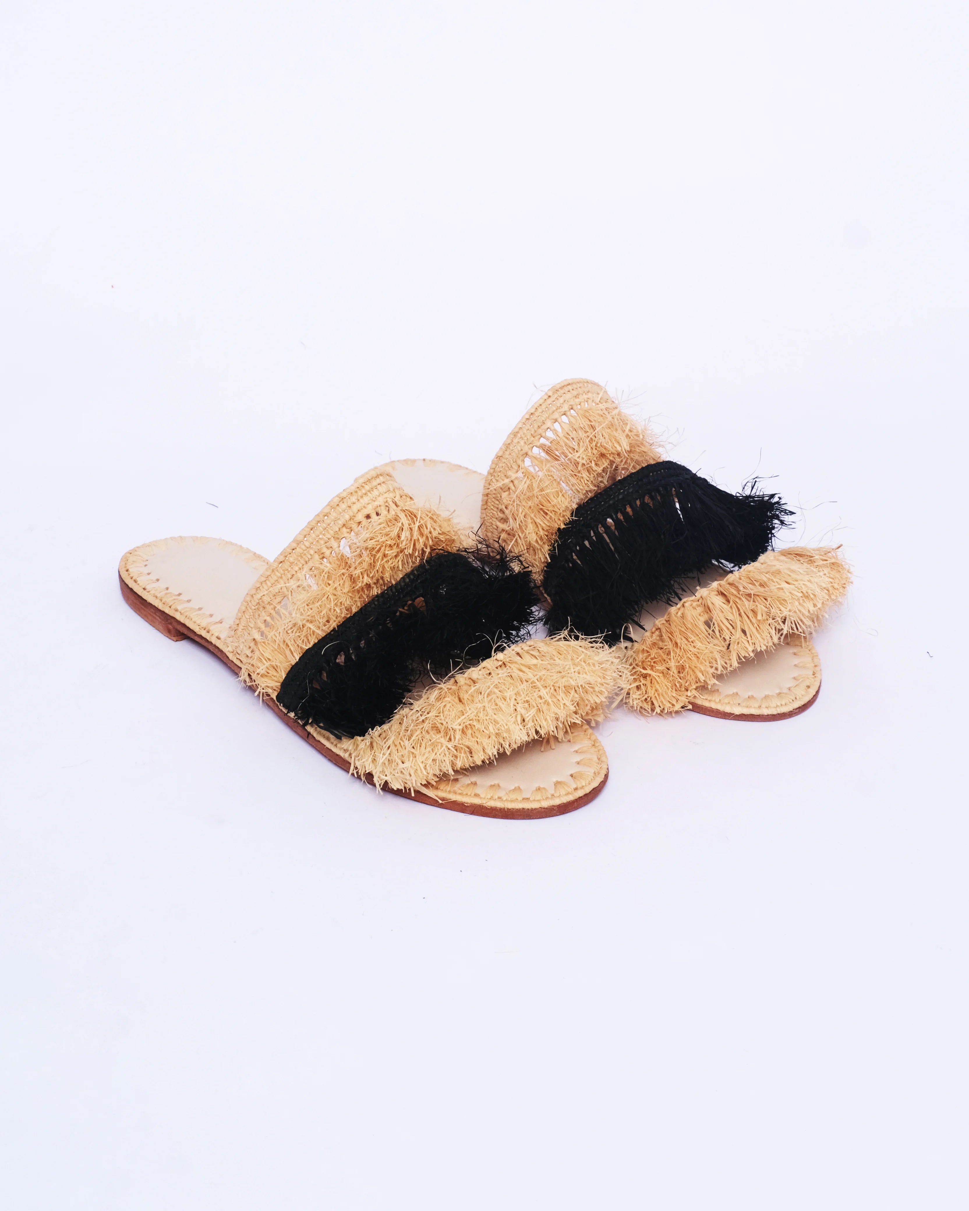 Women's Raffia Double-Band Flat Slide Sandals In Natural & Black