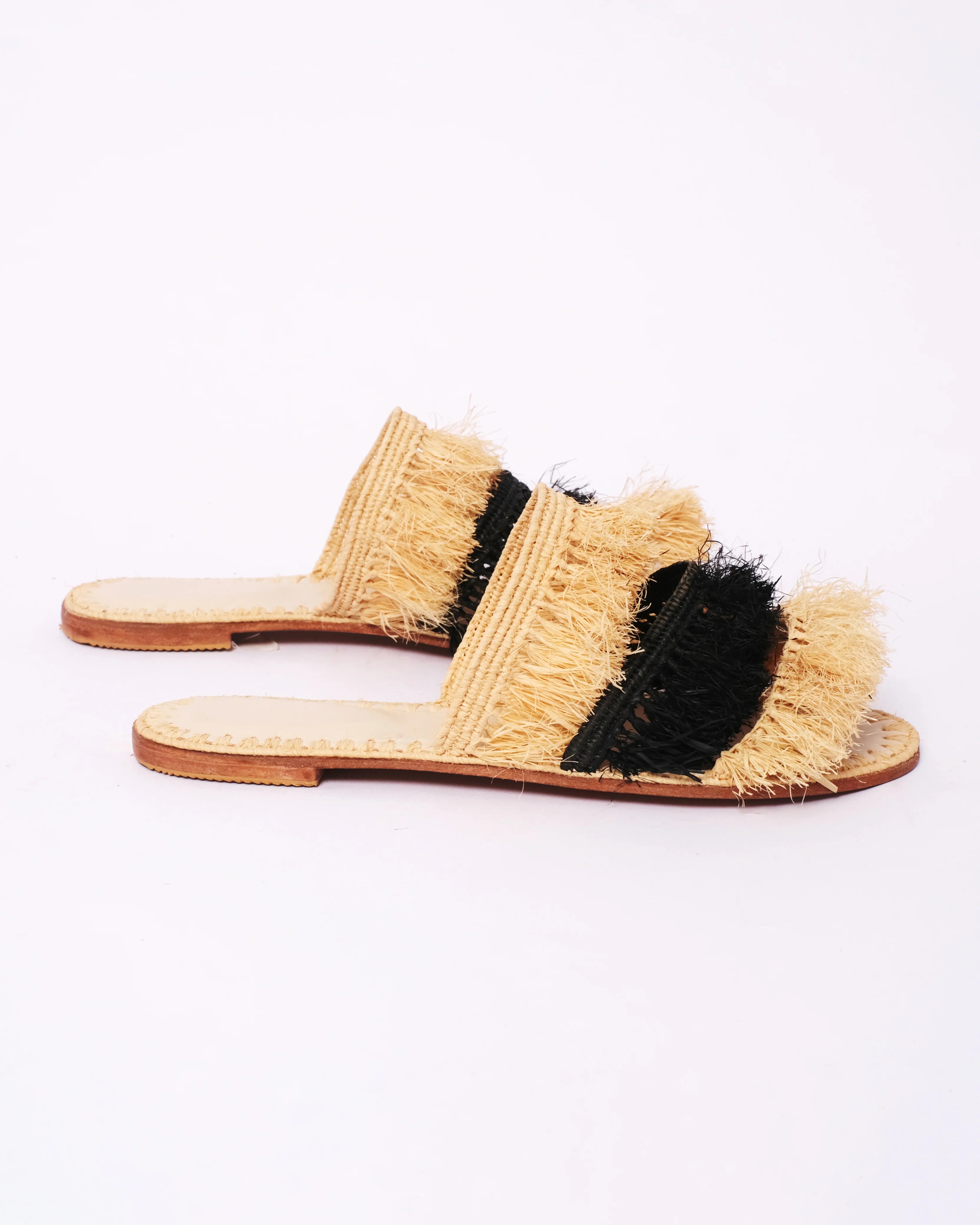 Women's Raffia Double-Band Flat Slide Sandals In Natural & Black