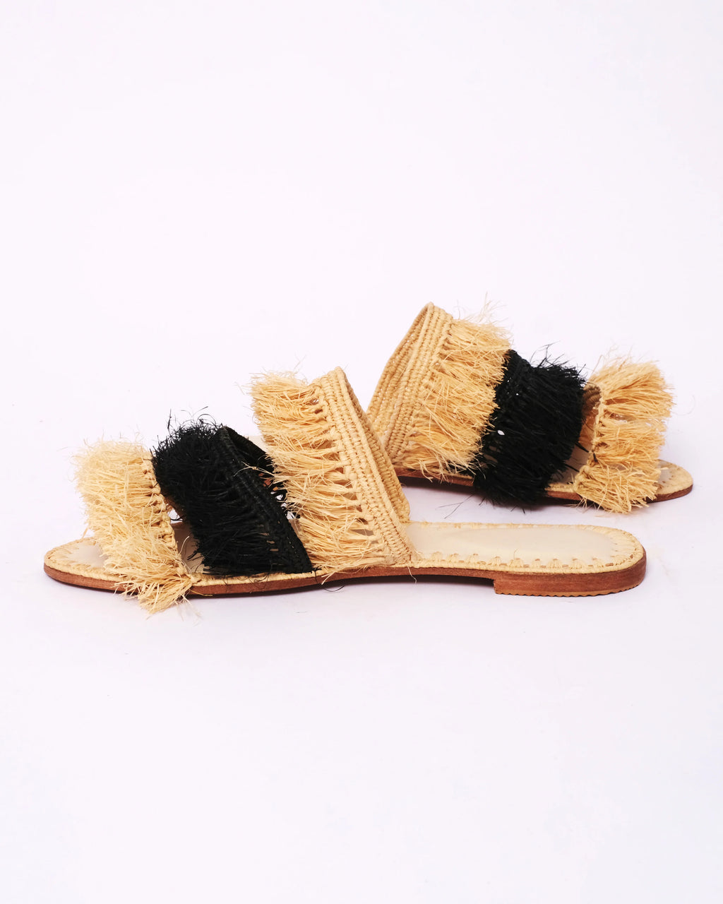 Women's Raffia Double-Band Flat Slide Sandals In Natural & Black