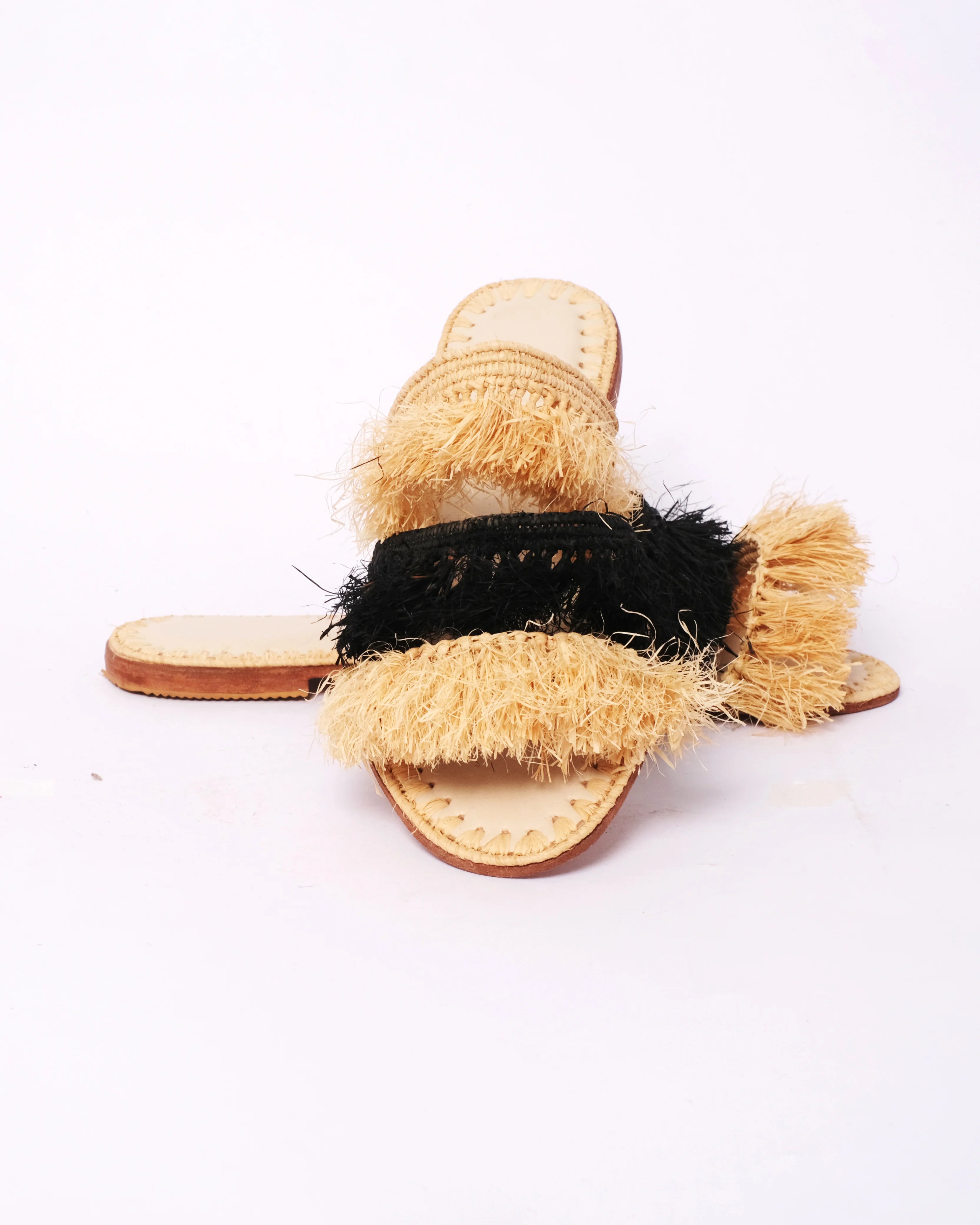 Women's Raffia Double-Band Flat Slide Sandals In Natural & Black