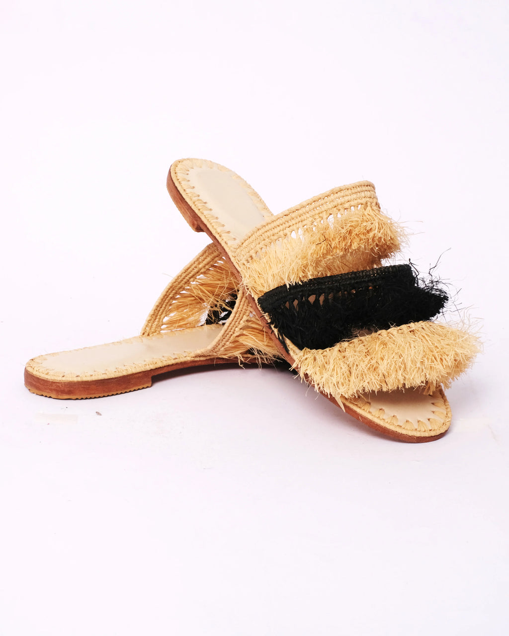 Women's Raffia Double-Band Flat Slide Sandals In Natural & Black