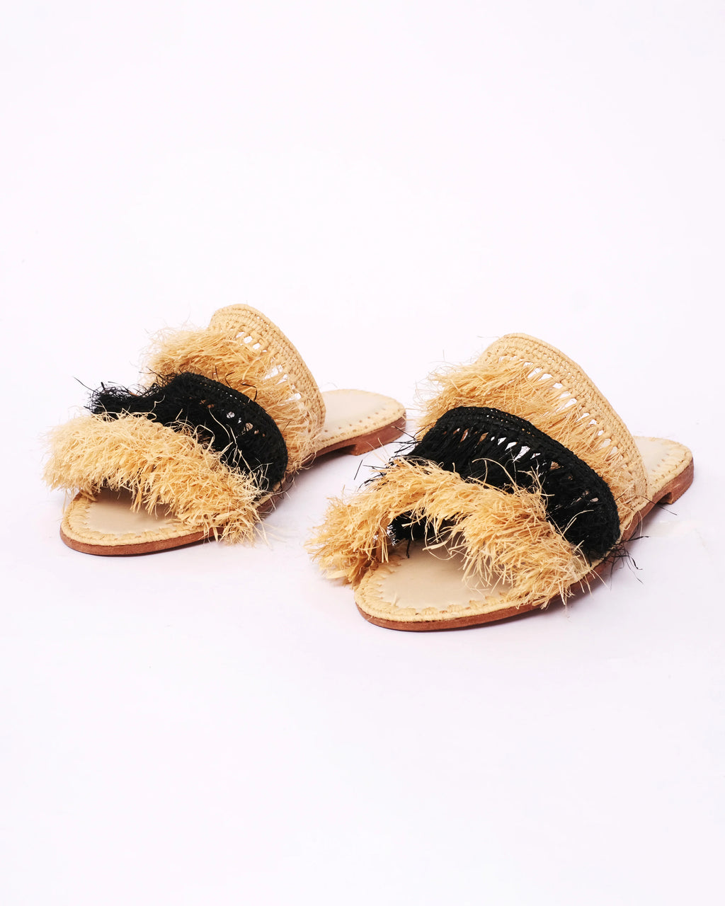 Women's Raffia Double-Band Flat Slide Sandals In Natural & Black