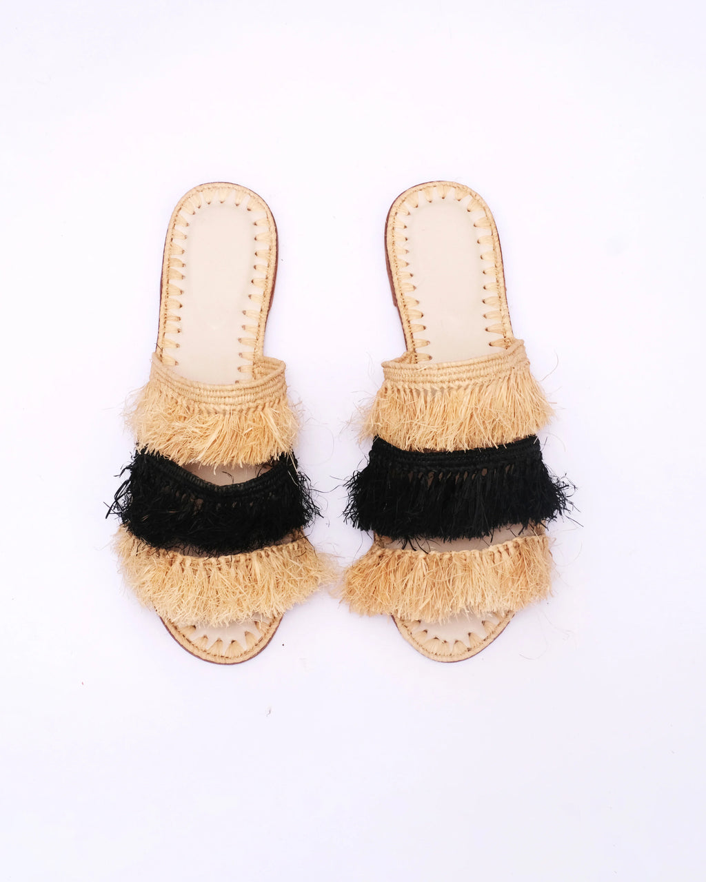 Women's Raffia Double-Band Flat Slide Sandals In Natural & Black