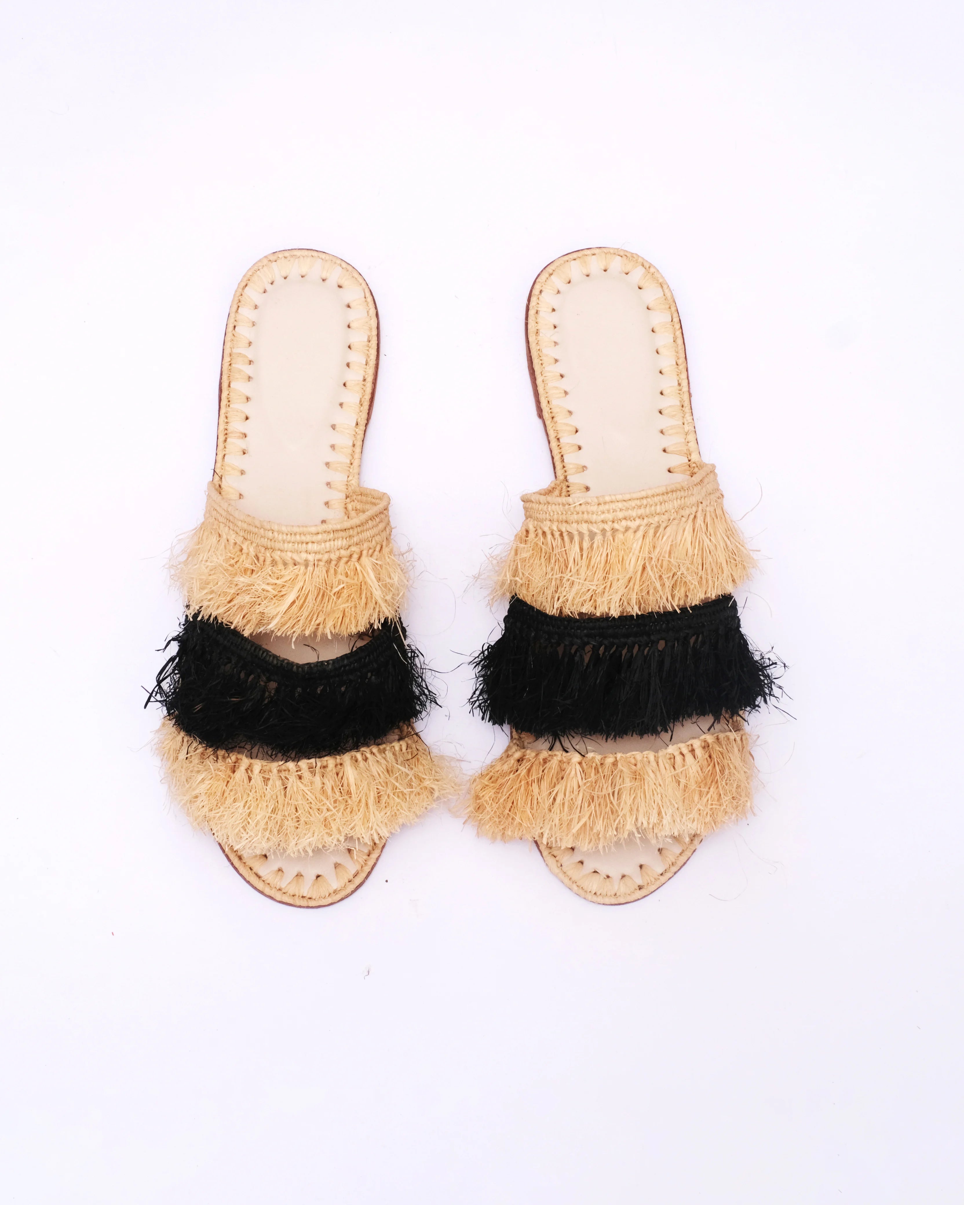 Women's Raffia Double-Band Flat Slide Sandals In Natural & Black