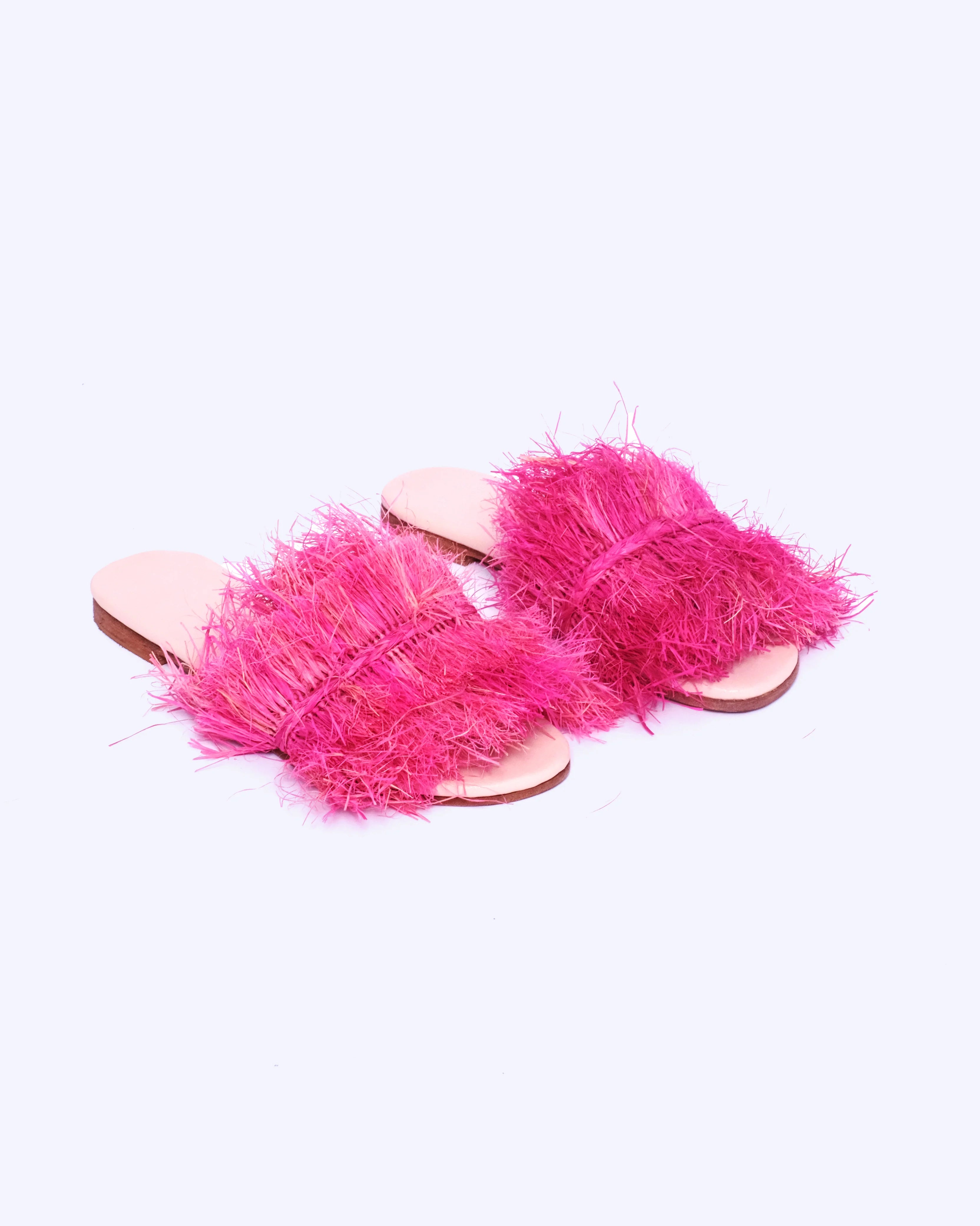 Women's Raffia Double-Fringe Flat Slide Sandals In Fuchsia