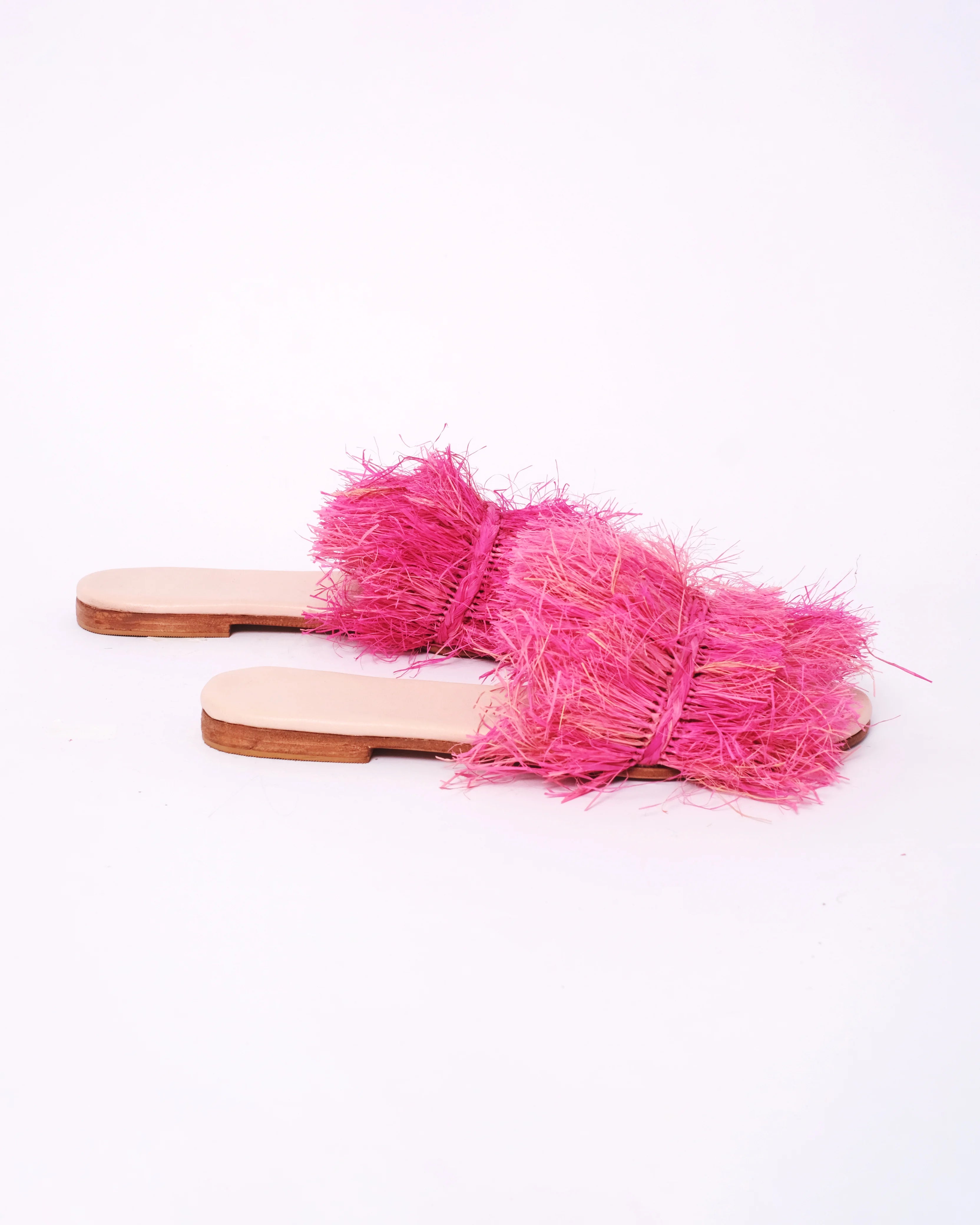 Women's Raffia Double-Fringe Flat Slide Sandals In Fuchsia