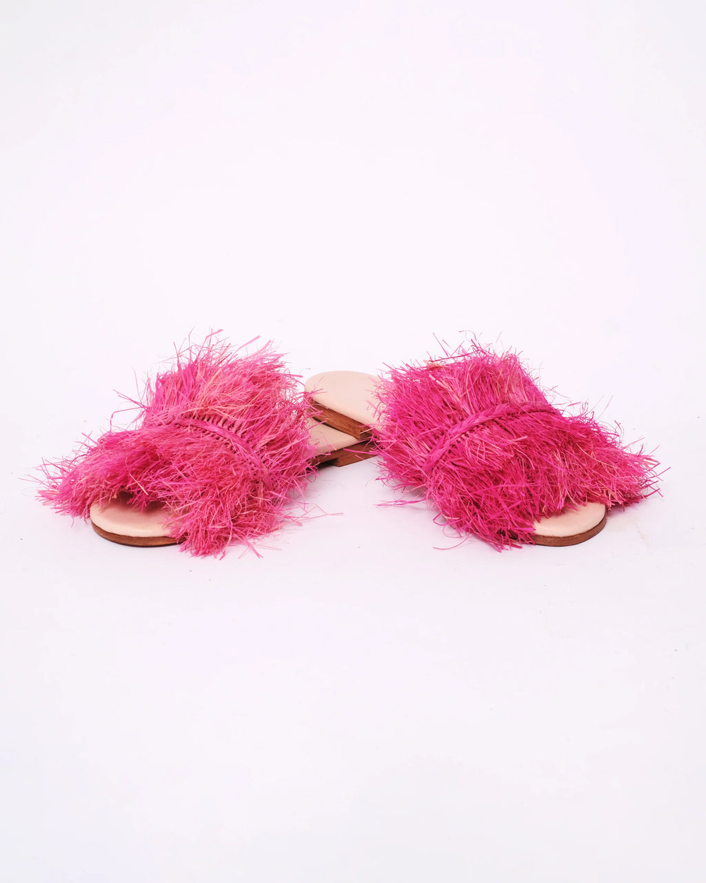 Women's Raffia Double-Fringe Flat Slide Sandals In Fuchsia