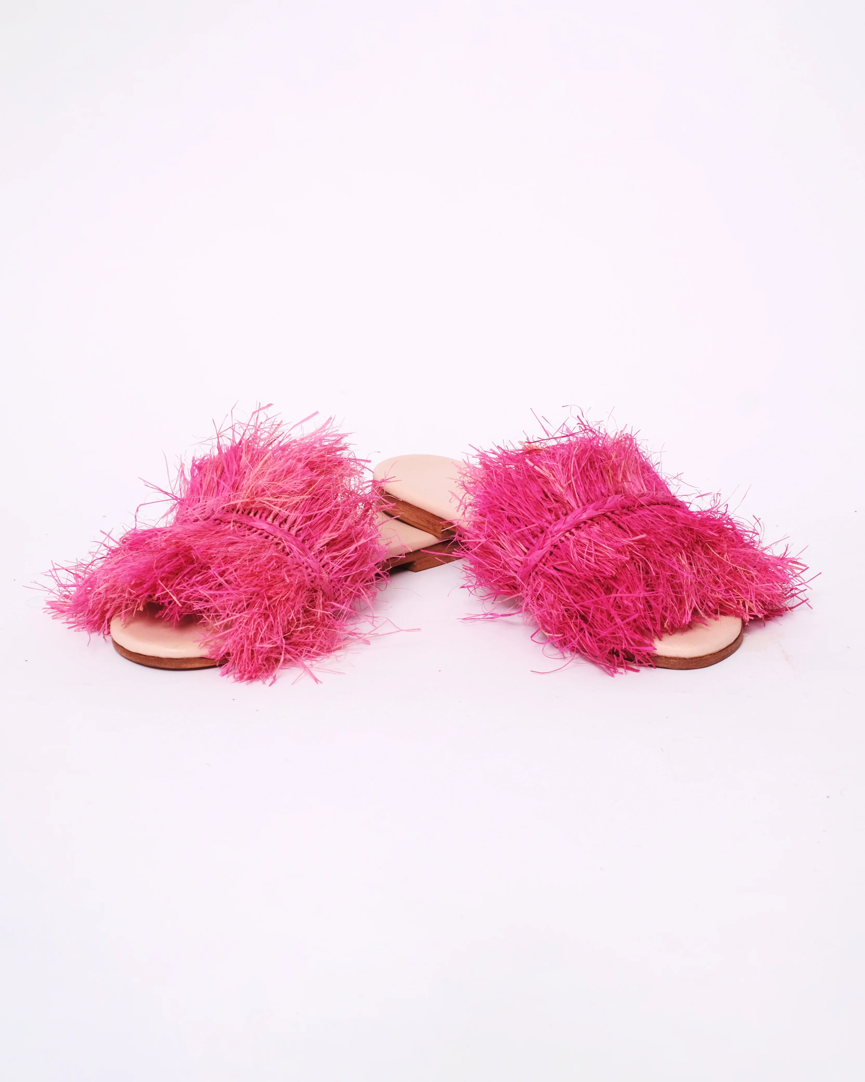 Women's Raffia Double-Fringe Flat Slide Sandals In Fuchsia